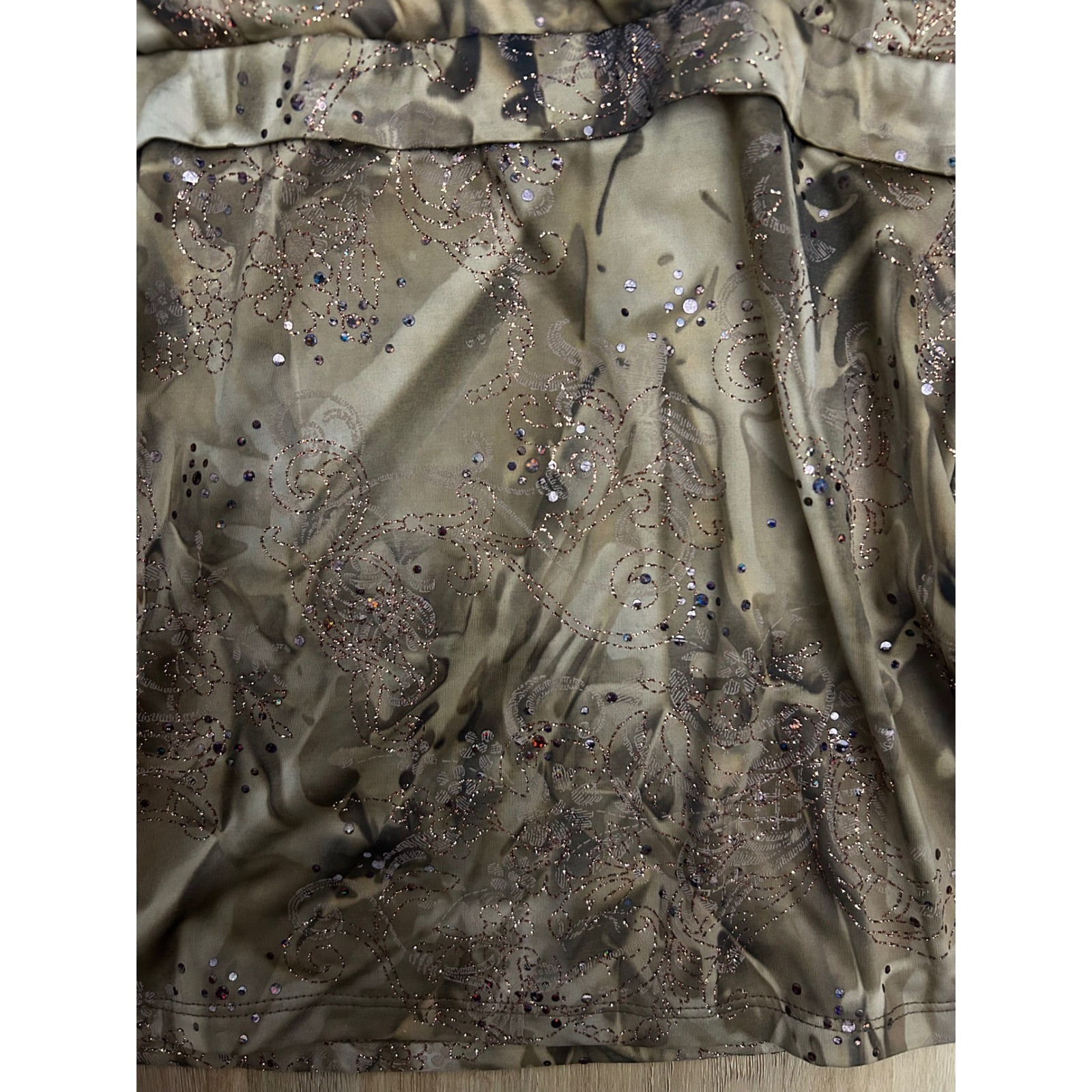 Vtg Brown Abstract Sequin Glitter Paisley V-Neck Empire Blouse L whimsy fairy