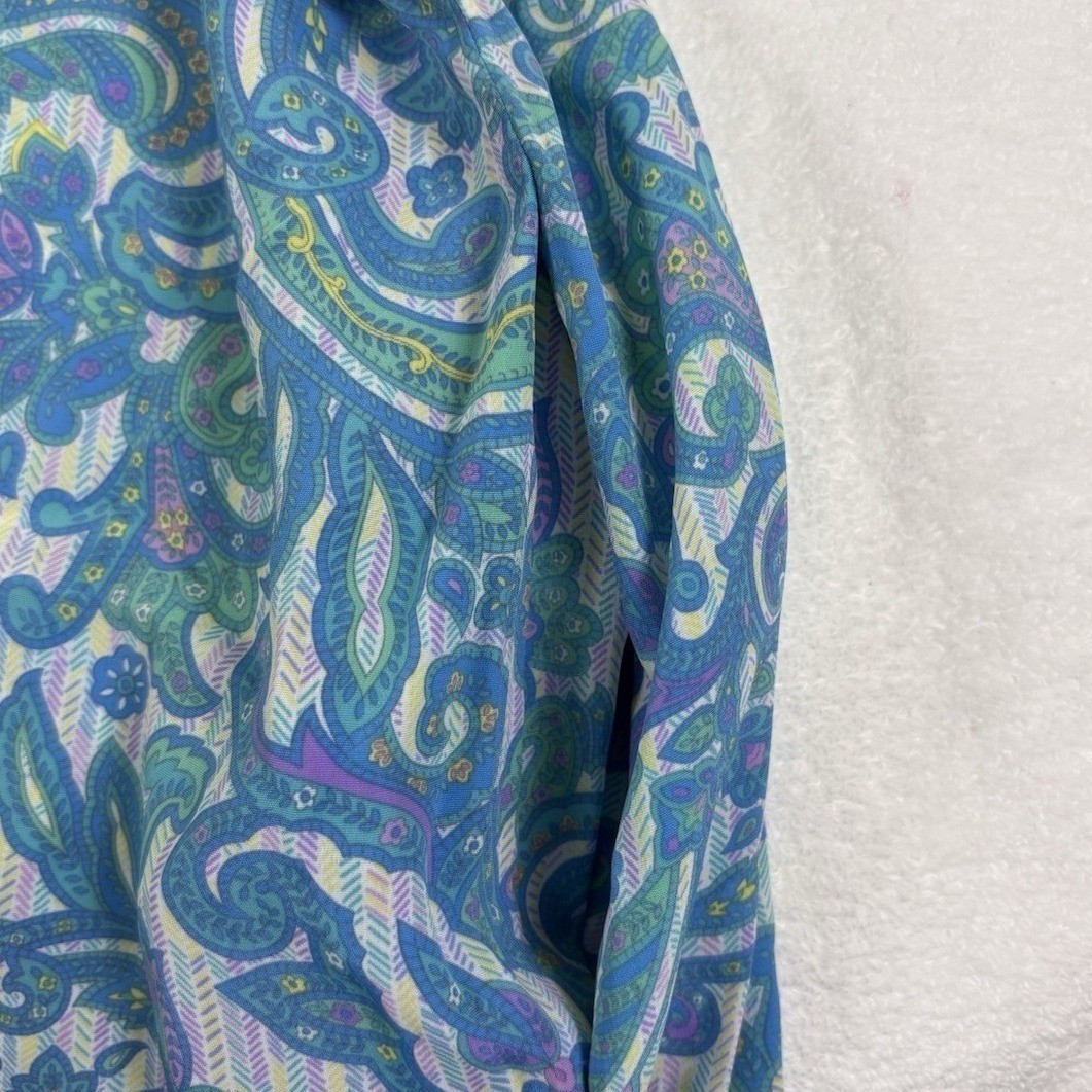 Schrader Vintage Paisley Midi Shirt Dress 8 Blue Green Pockets Button Front 80s