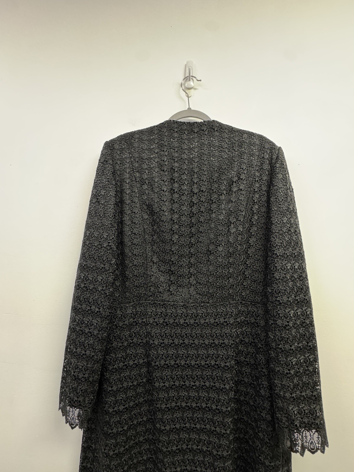 Vtg Lily & Taylor Black Satin Lace Overlay Duster Ribbon Tie Jacket 14