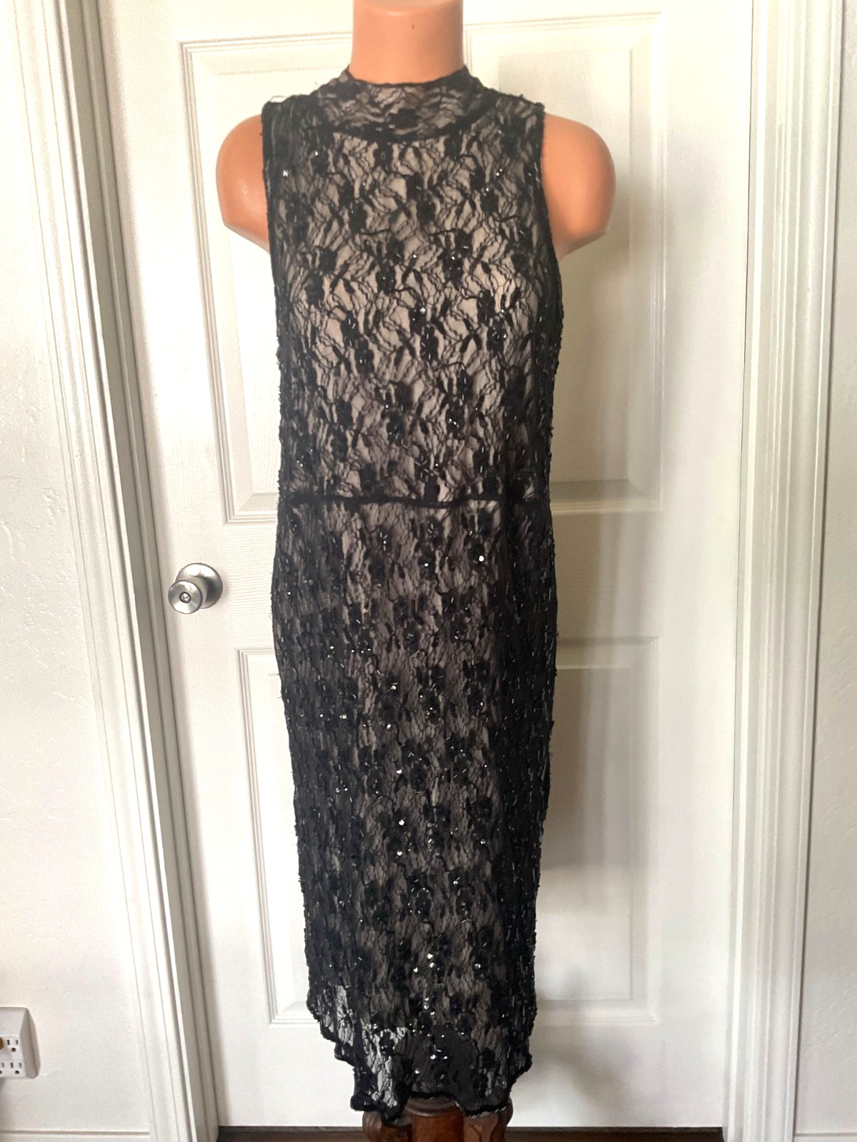 Vtg Nude Illusion Black Sequin Beaded Art Deco Dress Size Large