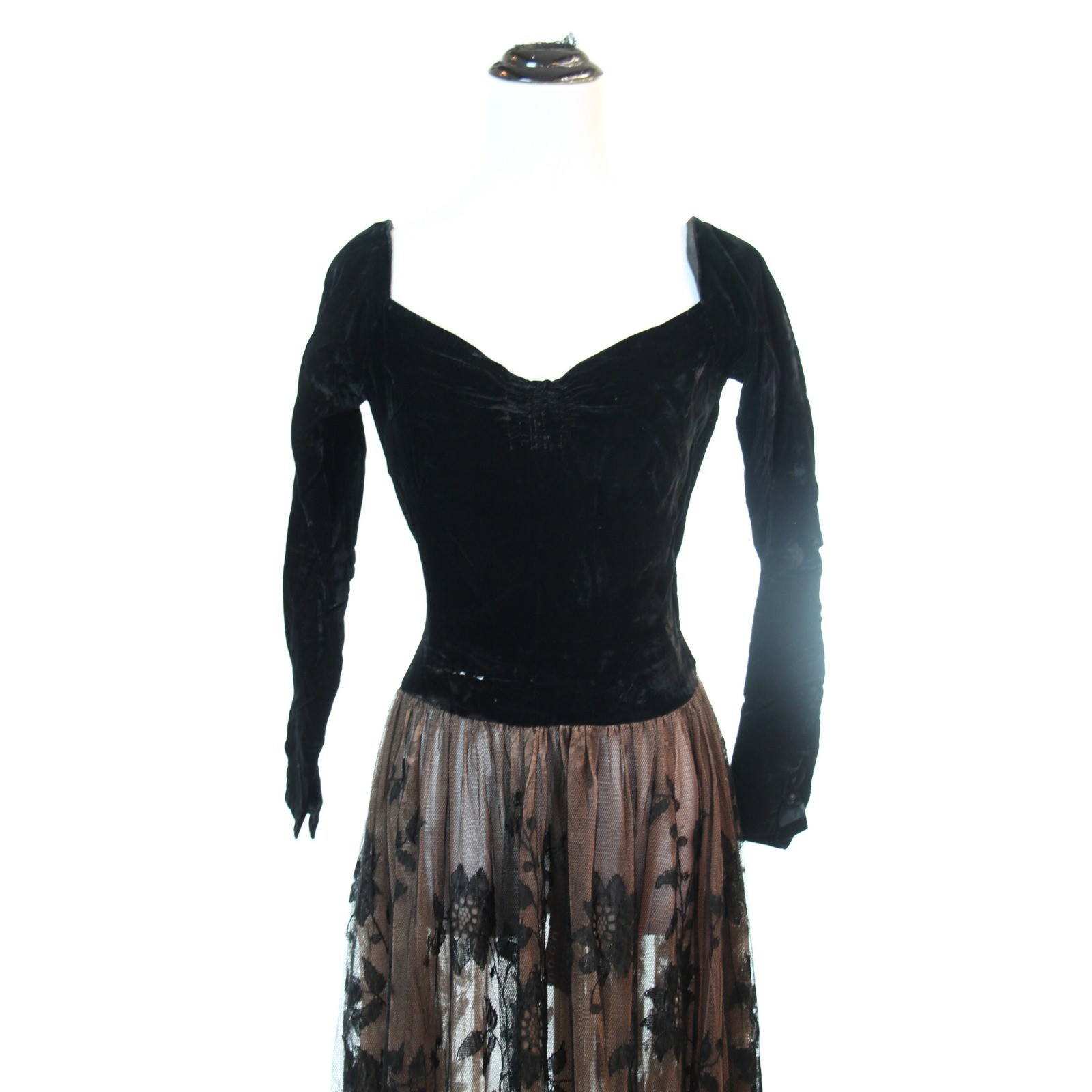 Vintage 1940s Dress Black Velvet Lace Embroidered Skirt Long Sleeve Gown 40s