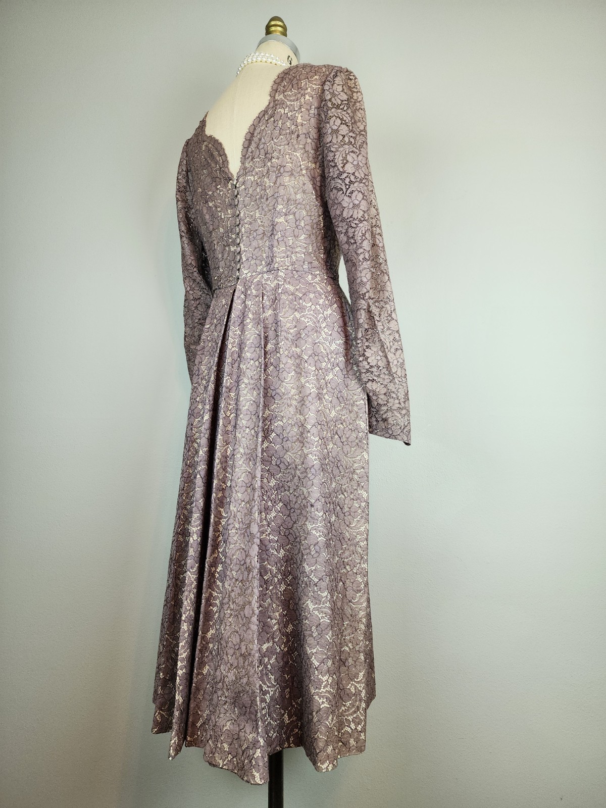 Vintage Late 1940’s Mauve Lace Over Champagne Satin Cocktail Dress with Godet