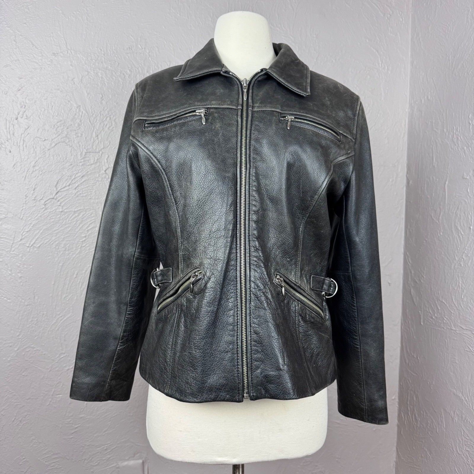 Vintage Avanti Heavyweight Black Leather Moto Jacket Womens Size M Y2K 90s