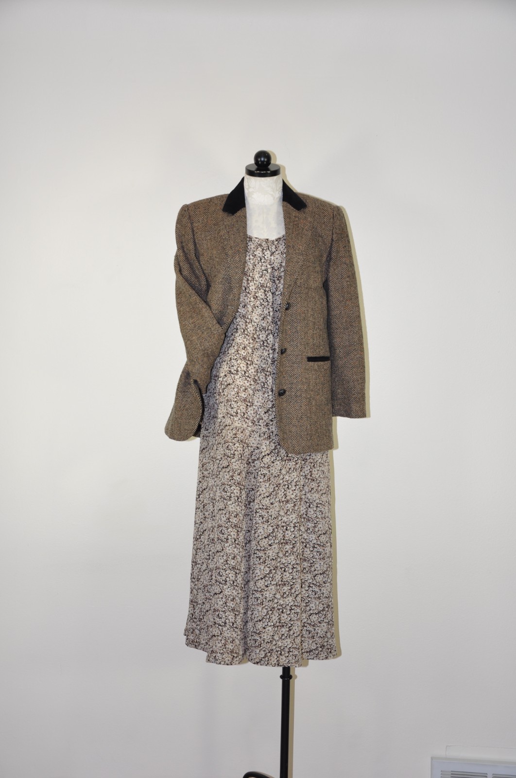 90s Vintage Brown Romantic Floral Long Sleeve Tie Back Grunge Dress Women S M