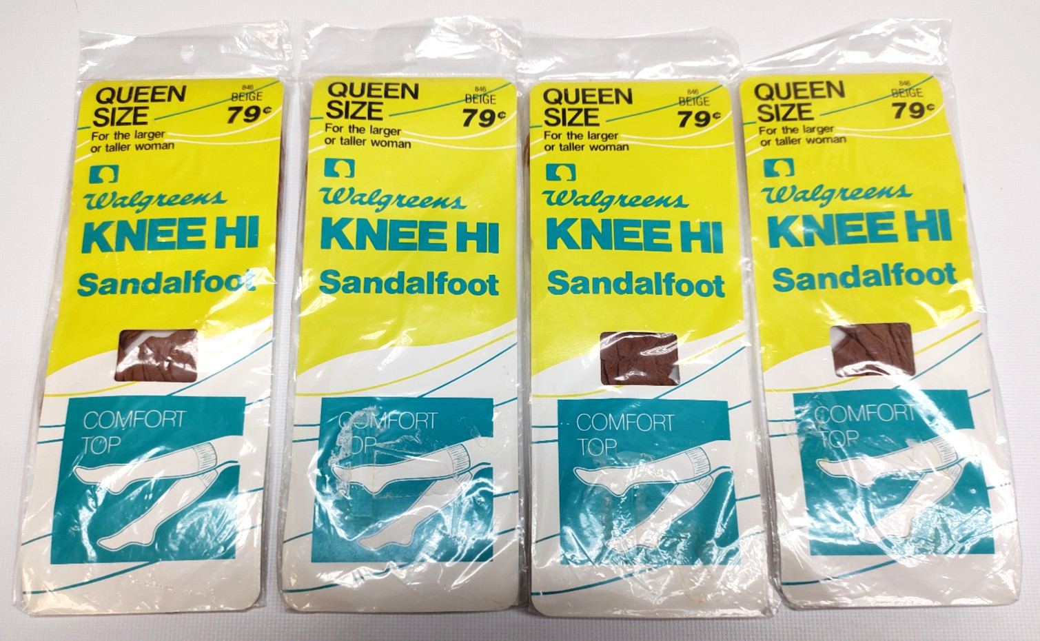 4 Vtg NIP Queen Beige 846 Walgreens KNEE HI Sandalfoot Comfort Top Sheer Stretch