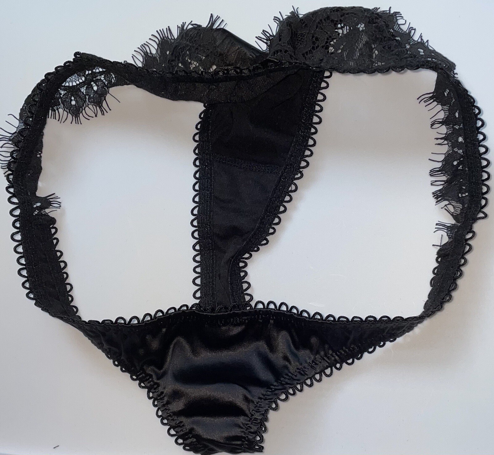 Lot of 3 Black Shiny Satin Glossy Lace Fringe Thong Panties Womens L New