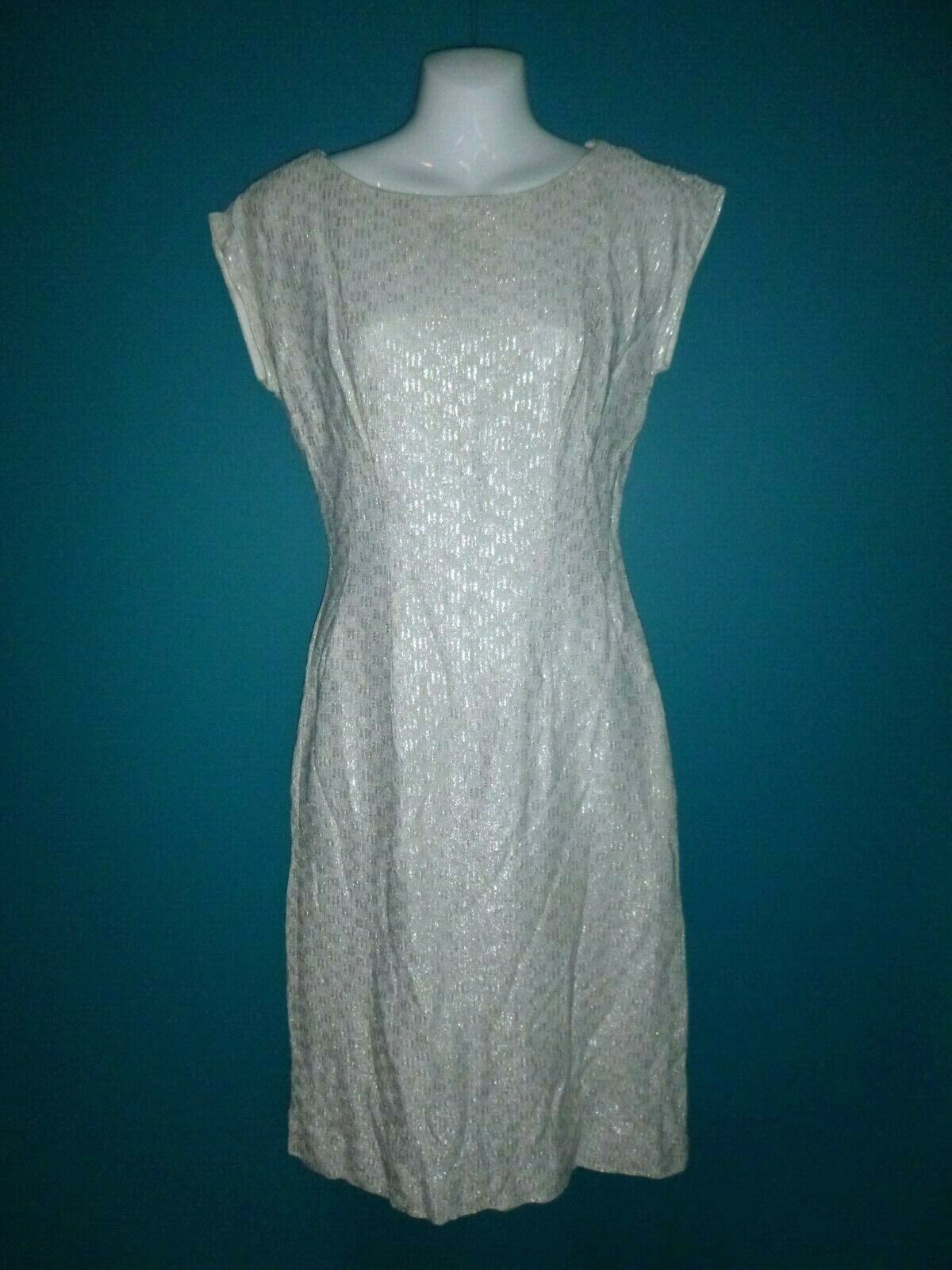 Vtg 50’s 60’s Silver Lame Wiggle Shift Cocktail Dress metallic Threads Size M