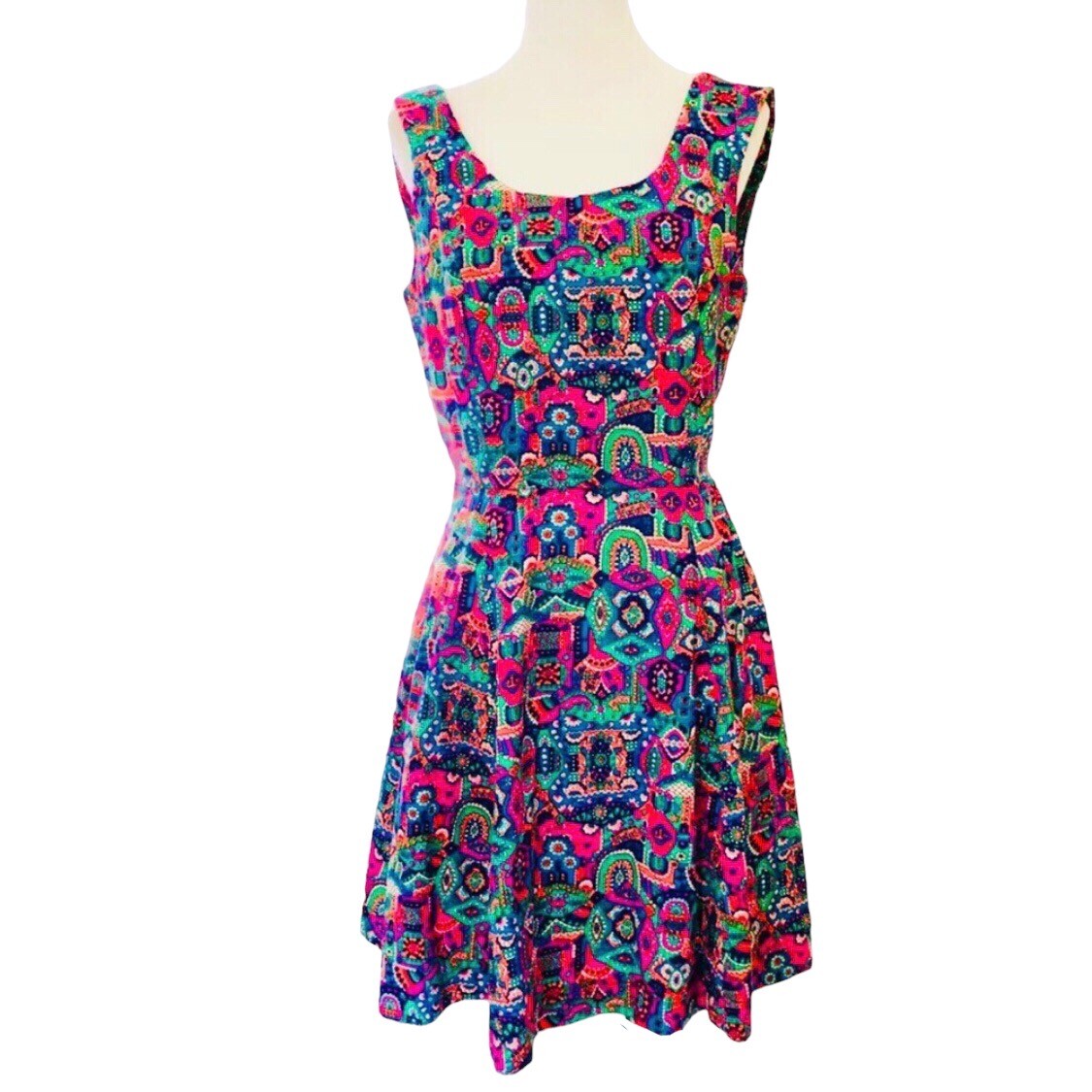 Vtg 70s Skater Mini Dress Medium Bold Colorful Hot Pink Green Open Back Sundress