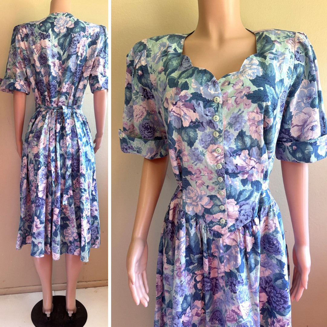 Vintage 80s Country Day Dress XL Button Up Tie Back Retro 40s Pastel Floral
