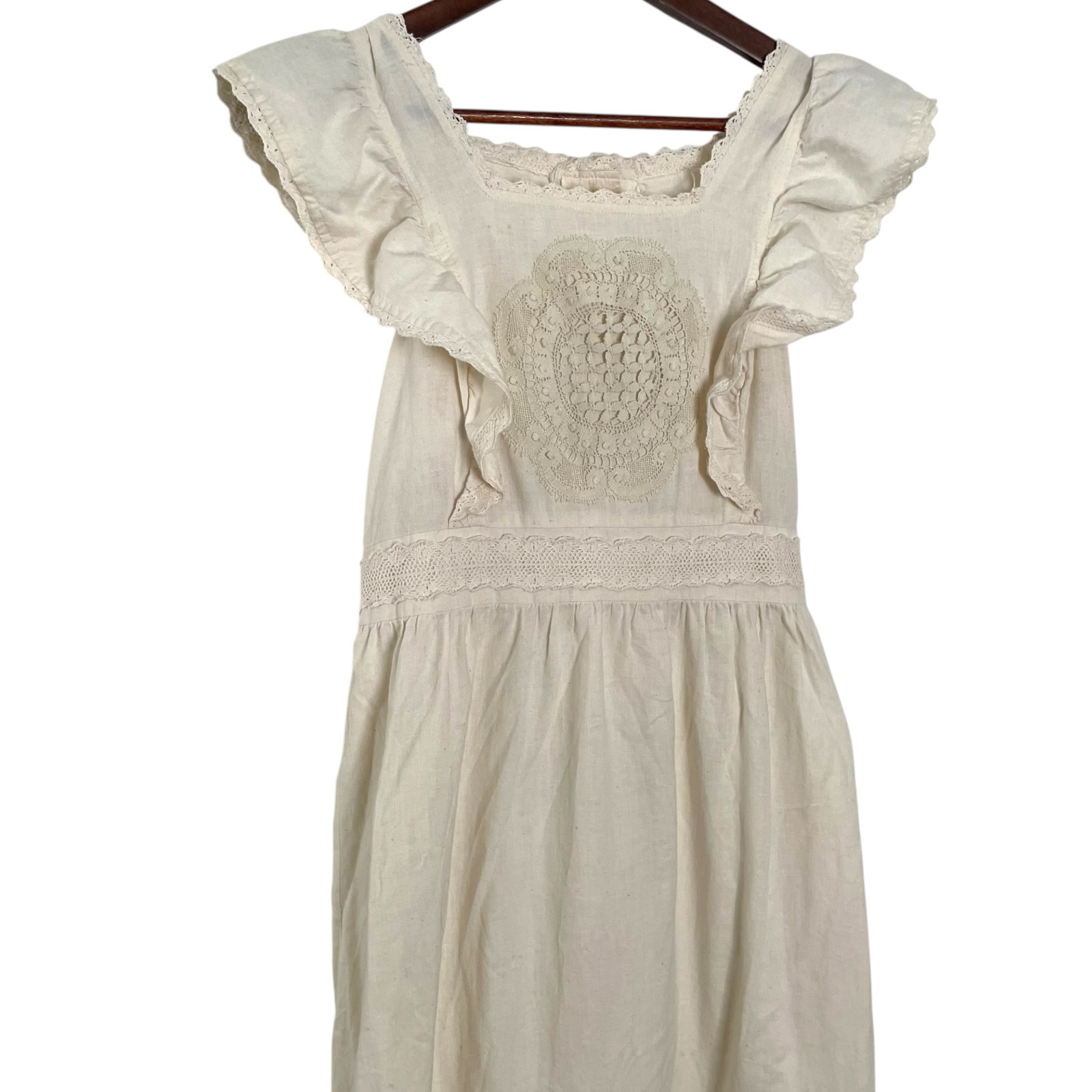 STUNNING Vintage 70s Apron Style Maxi Dress M Cream Lace Ruffle Trim Bohemian