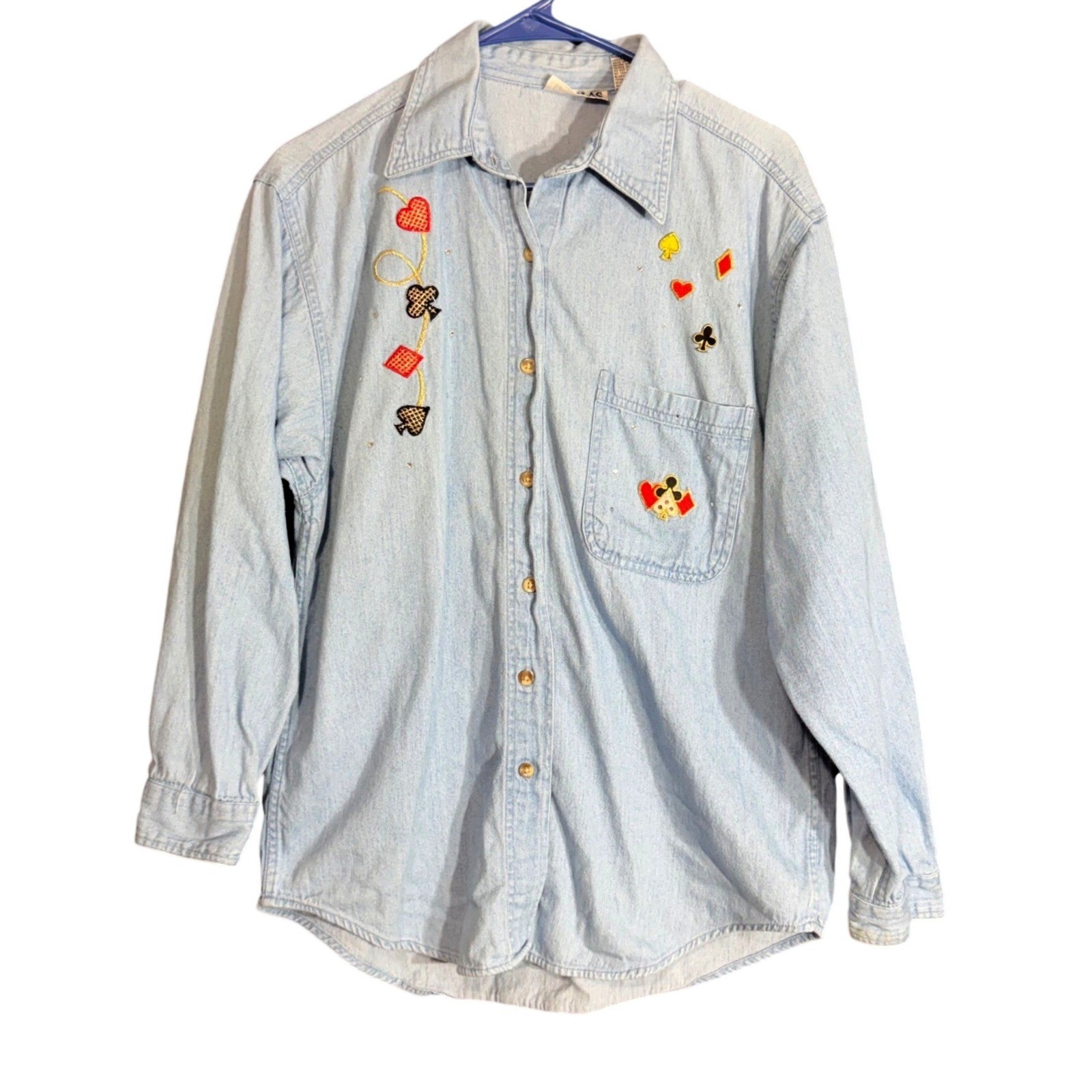 Vintage ⁠Las Olas Womens Size XL Denim Shirt Blue Embroidered Casino Card Dice