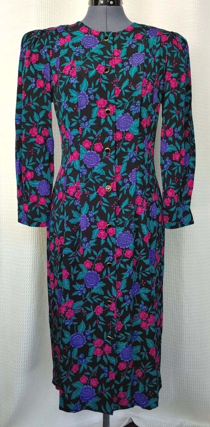 Vintage Andrew Harvey Fitted Black Dress with Pink/Purple/Teal Florals Size 8