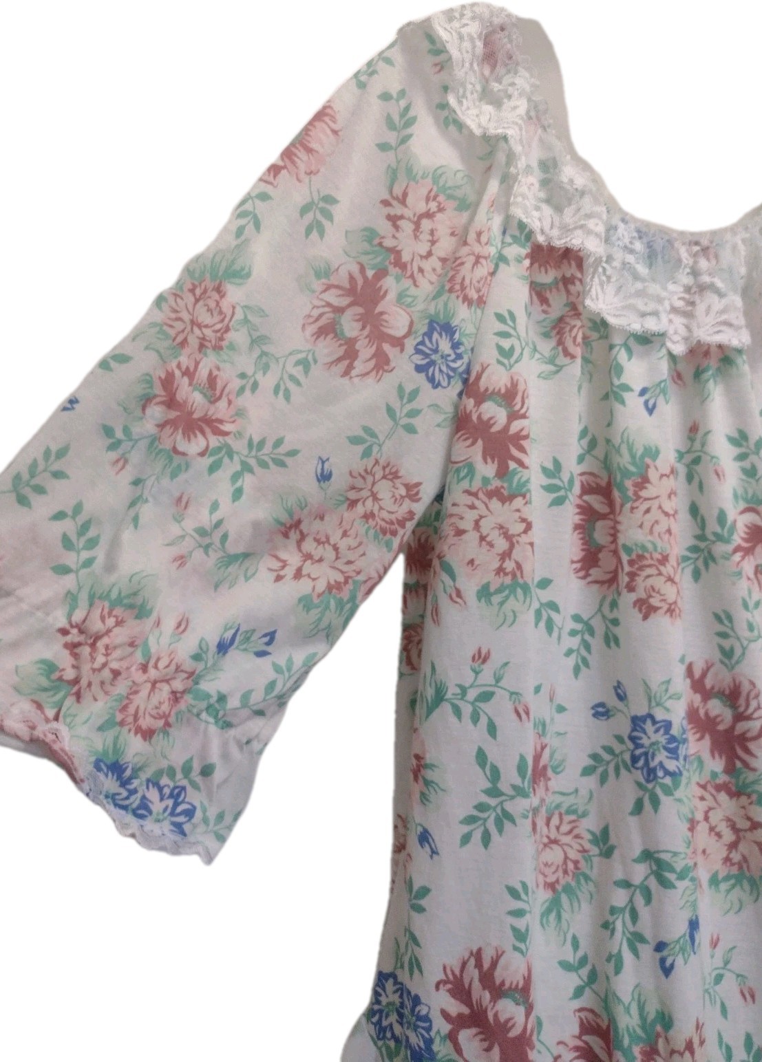Vintage 60s 70s Floral Babydoll Nightgown Lace Trim Brushed Poly Cottagecore M/L