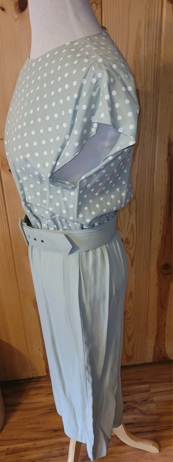 1980s STUART ALAN Sage Green Career Wear Polka Dot Belted Dress + Striped Jacket