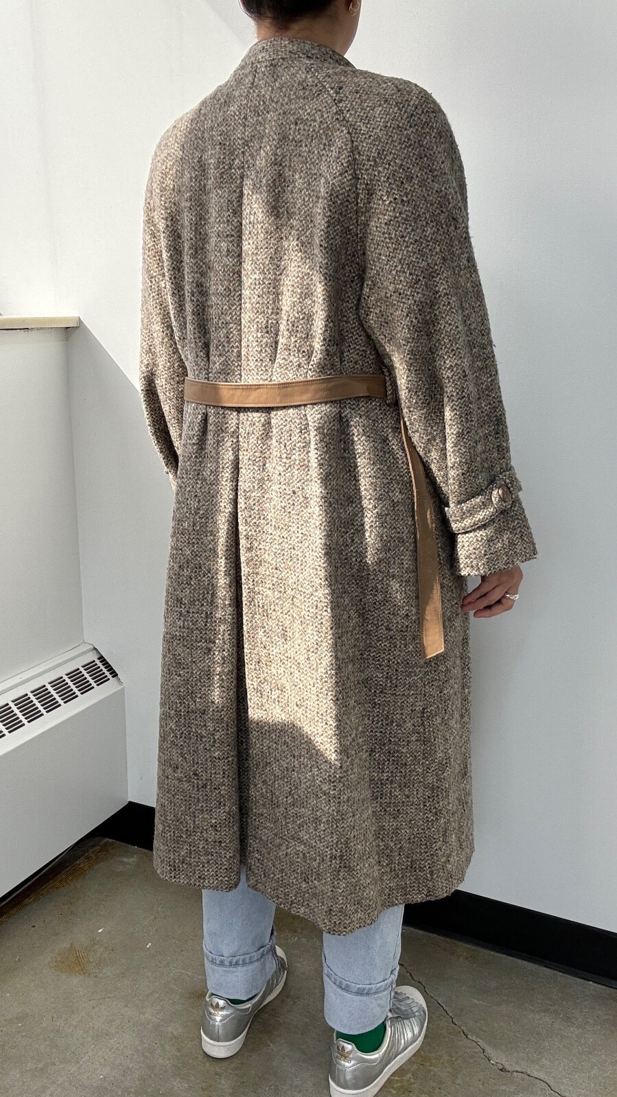 VTG 70s/80s Wool Blend Tweed Full Length Coat with Matching Scarf Set: Size M