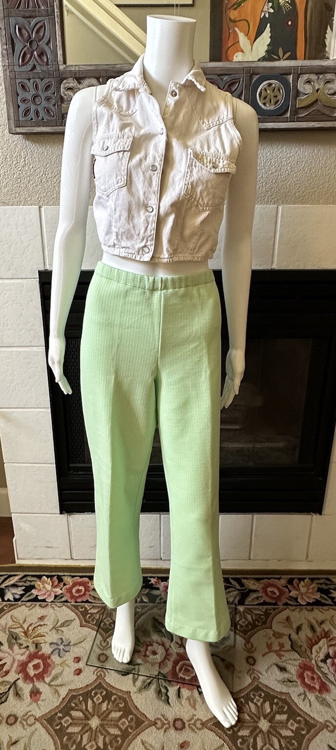 Green Plaid Polyester Pants 31×28 Lightweight Elastic Waist Vtg 70’s
