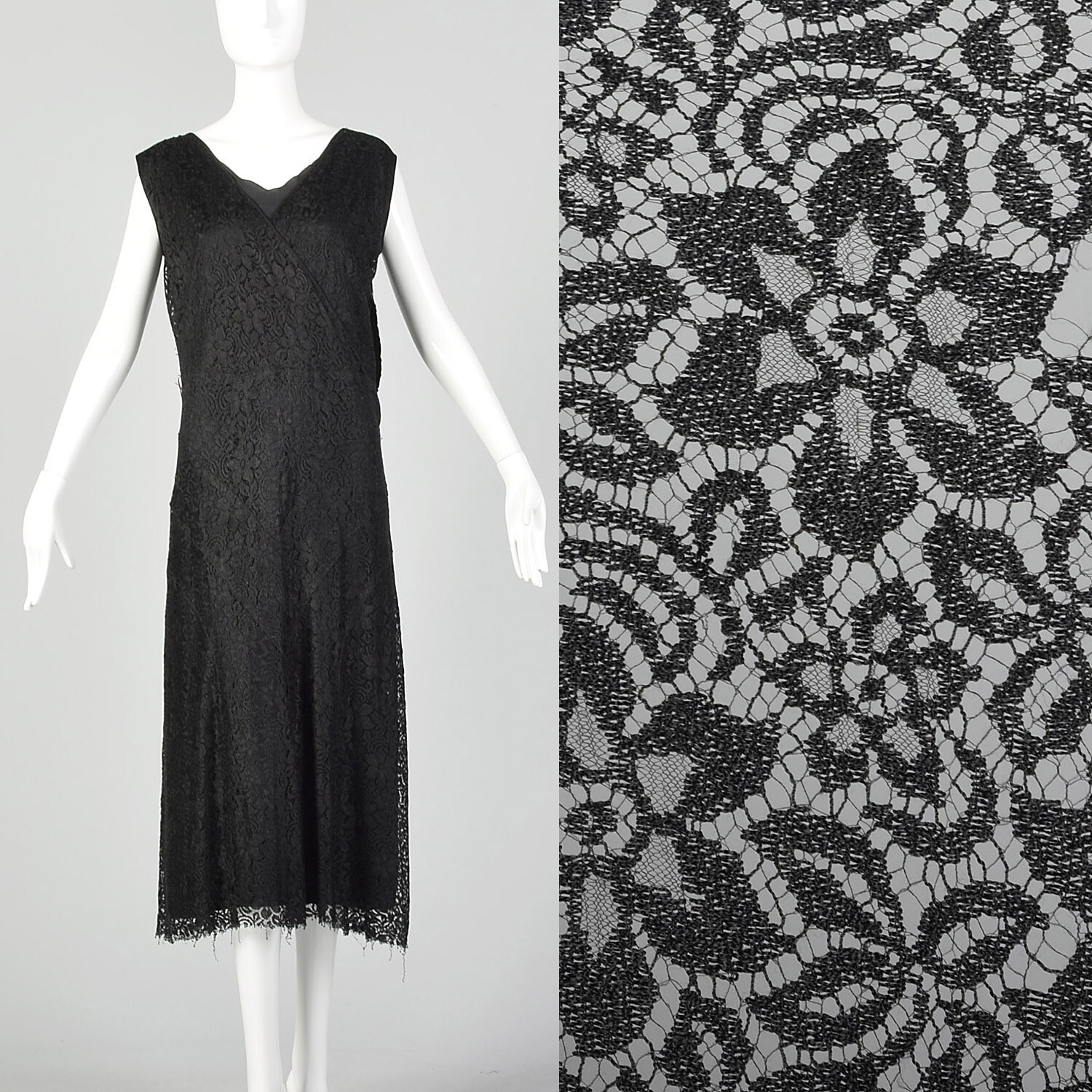 L 1930s Black Lace Dress Lined V Neck Sleeveless Floral Evening Day Midi 30s VTG