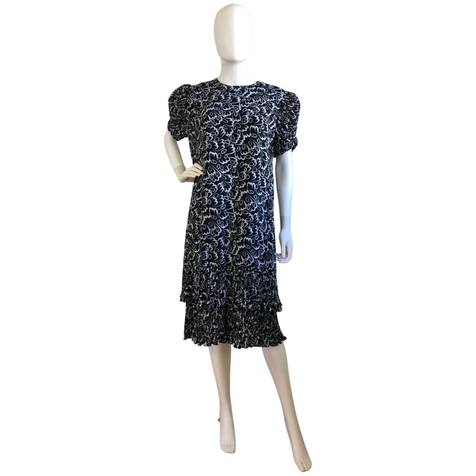 Vintage Fancy Dress 1980s New Old Stock Black White Ruffle Sleeve Hem Size Small