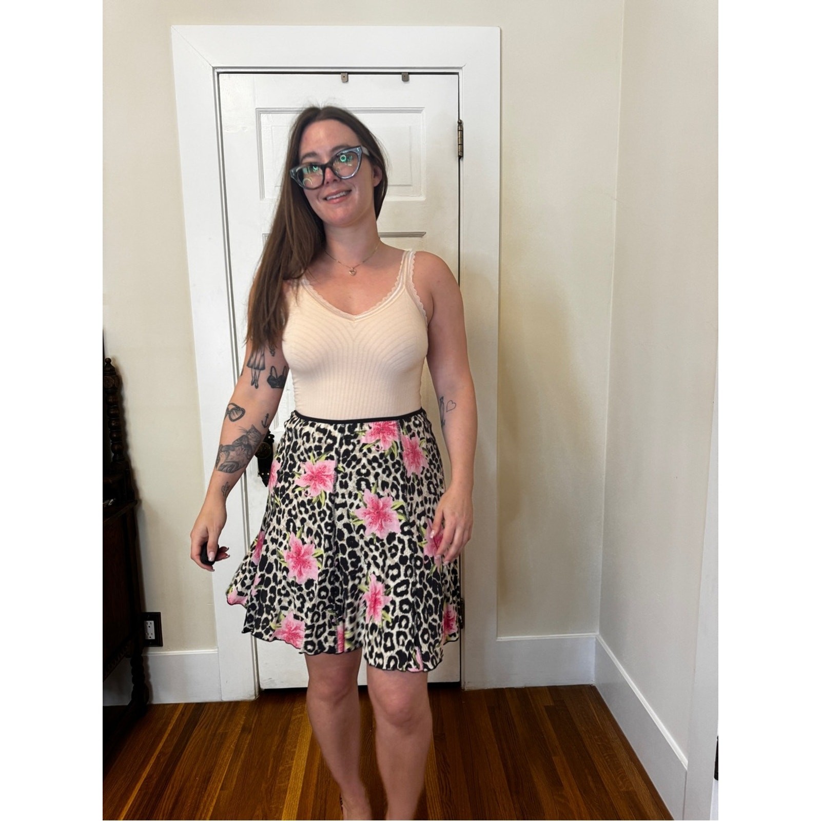 Y2K Vintage Leopard Floral Skater Skirt Sz SM