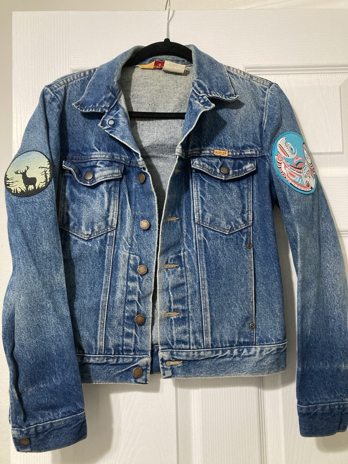 Vintage Women’s 80’s Rustler Denim Jean Jacket Size Small Blue Embellished