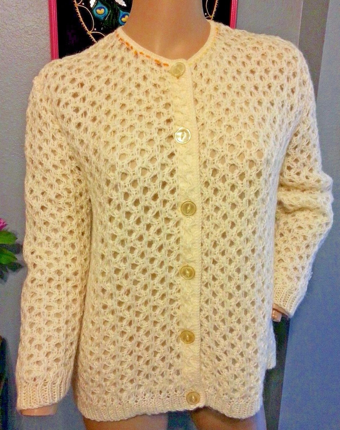 Vtg 50’s Sidney Gould Creme 50% Mohair Knit Cardigan Sweater