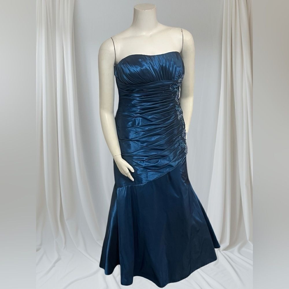 Rina di Montella Teal Strapless Beaded Mermaid Gown
