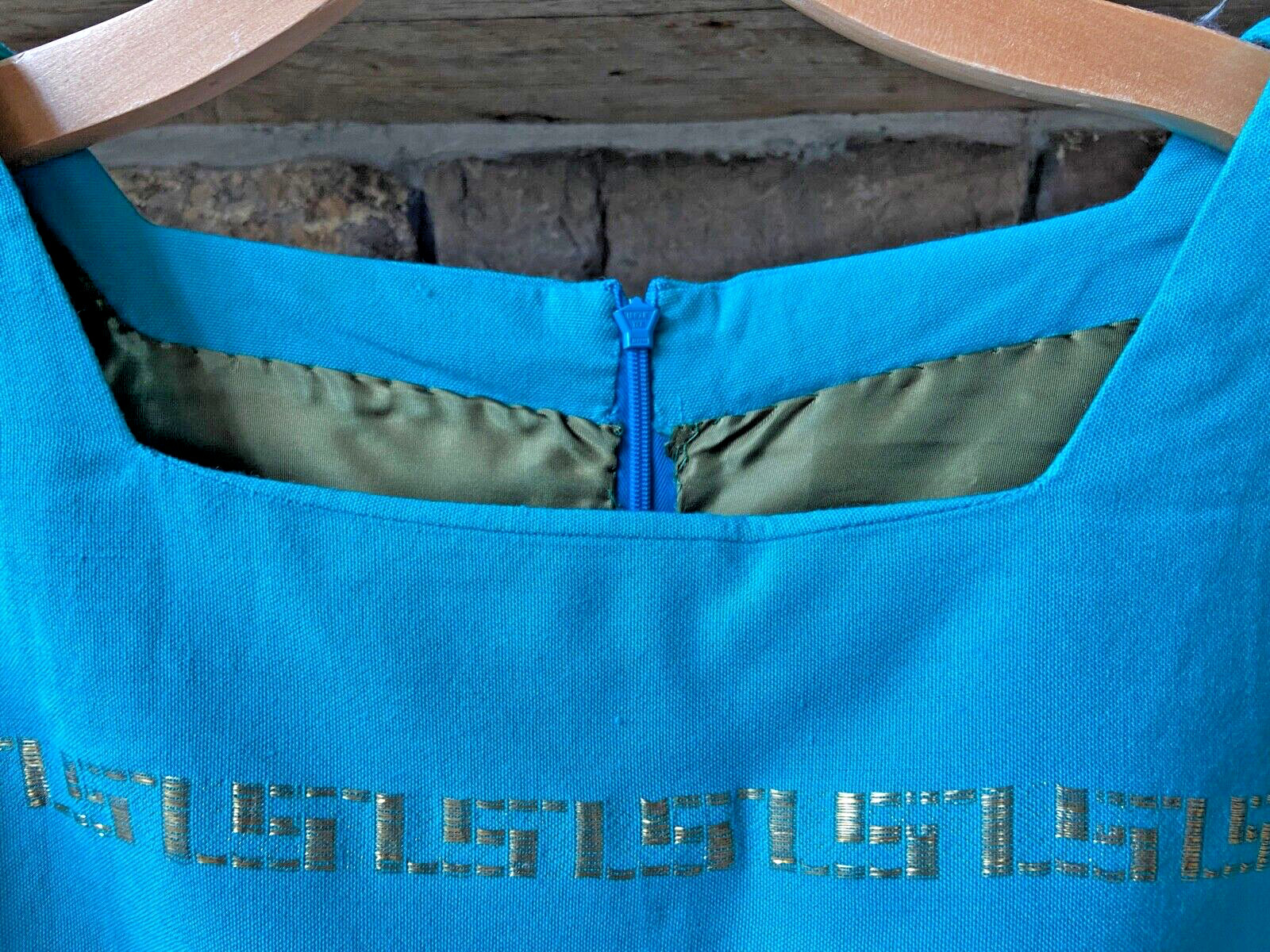 Vintage 60’s Turquoise Mod Shift Dress, Women’s 8-10 Gold embroidery GoGo