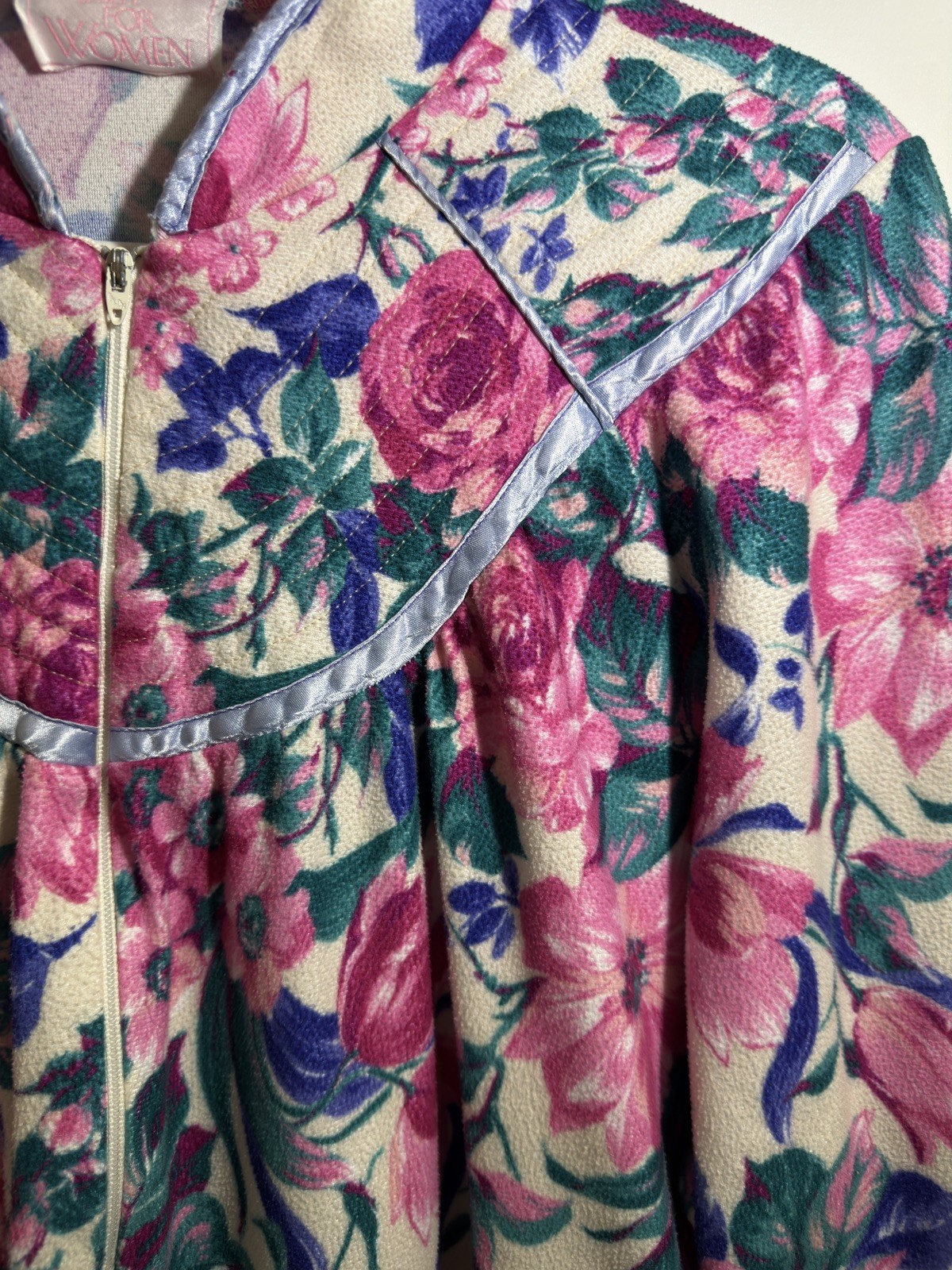 Just For Women 3X 26W 28W Vintage Robe White Multi Floral Long Sleeve Pockets
