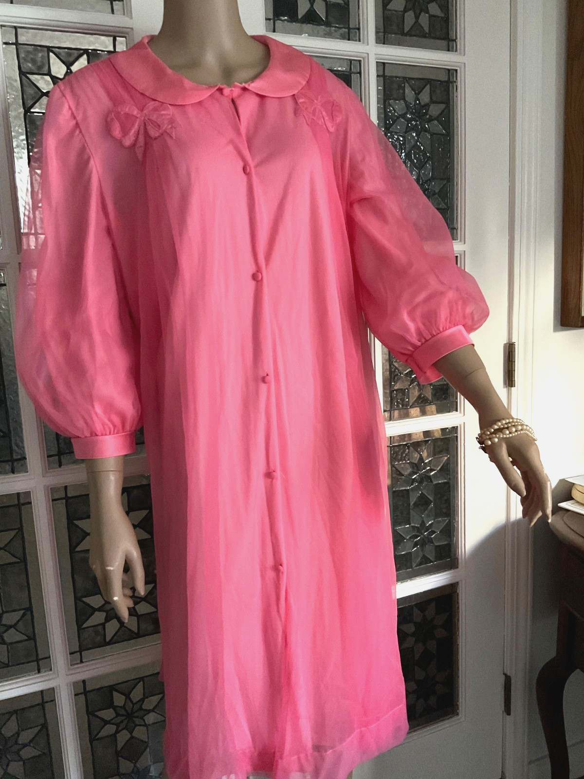 Vintage Robe Dressing Gown Double Layer Sheer Pink Nylon Chiffon Peignoir Robe M
