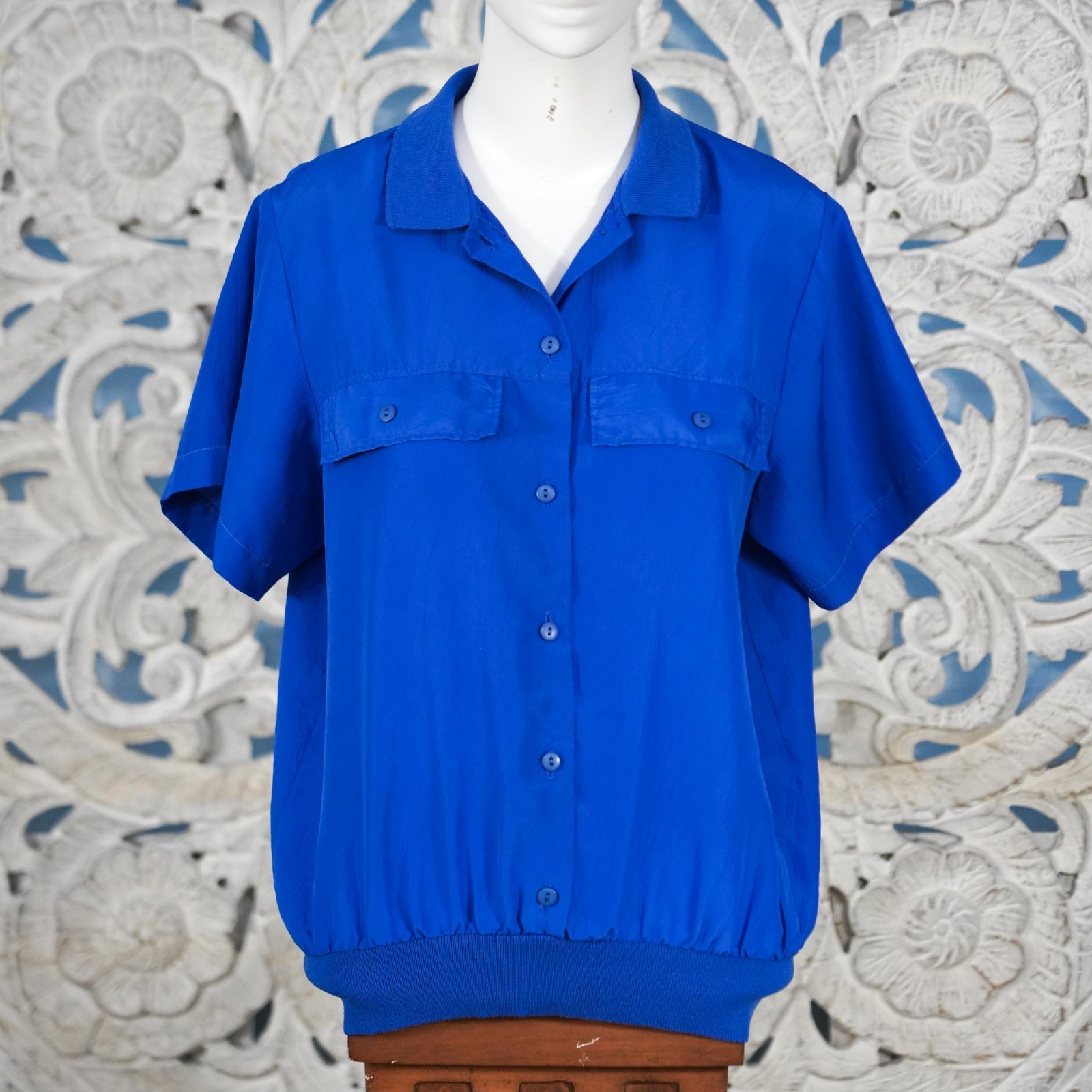 Vintage Rhoda Lee Crinkle Blouson Shirt M Blue USA Made Ribbed Hem Track Style