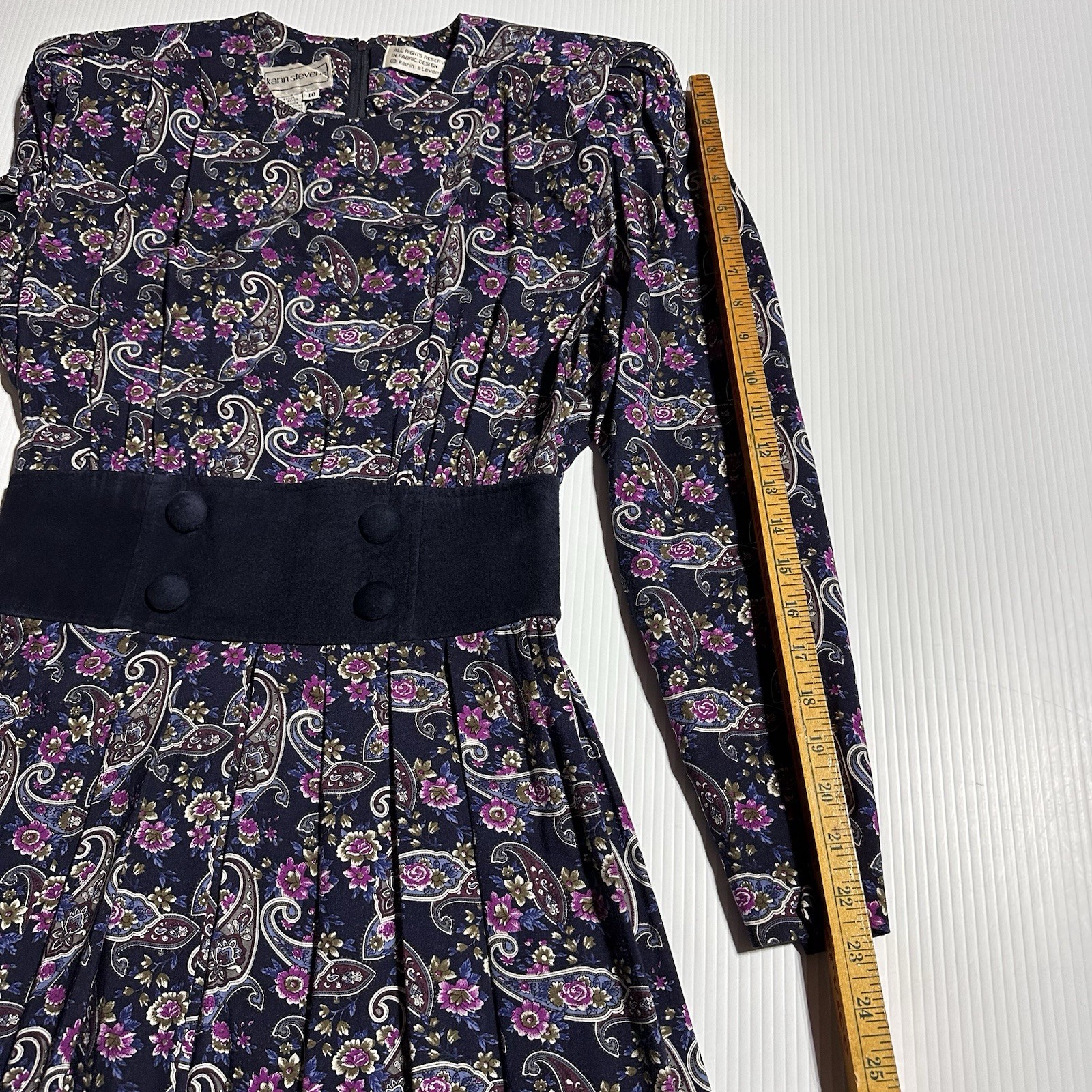 VTG 80s KARIN STEVENS Midi Dress Women’s Size 10 Paisley Print Pleated Modest