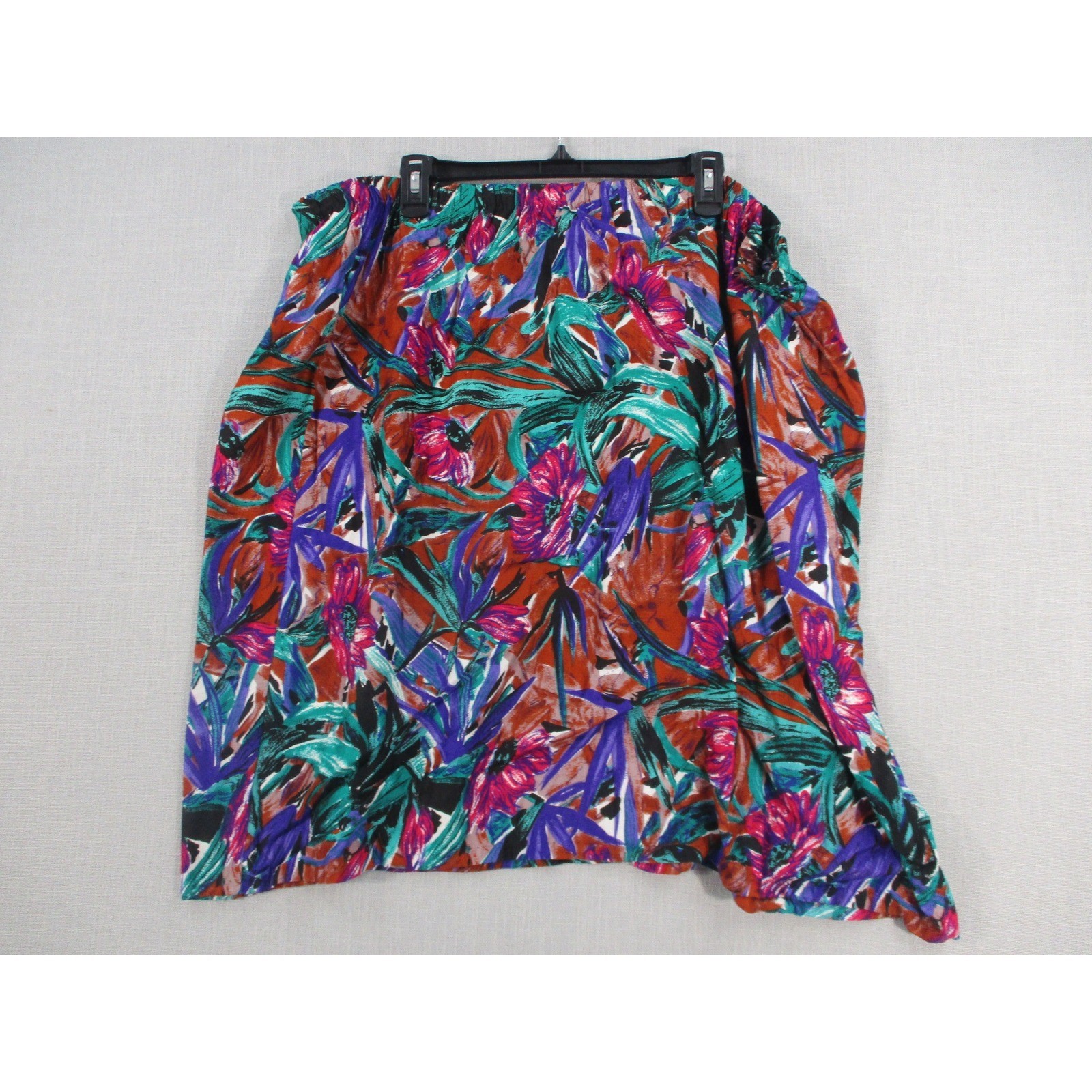 Vintage Floral Rayon Midi Skirt Elastic Waist Tropical Print Made in USA SZ 24