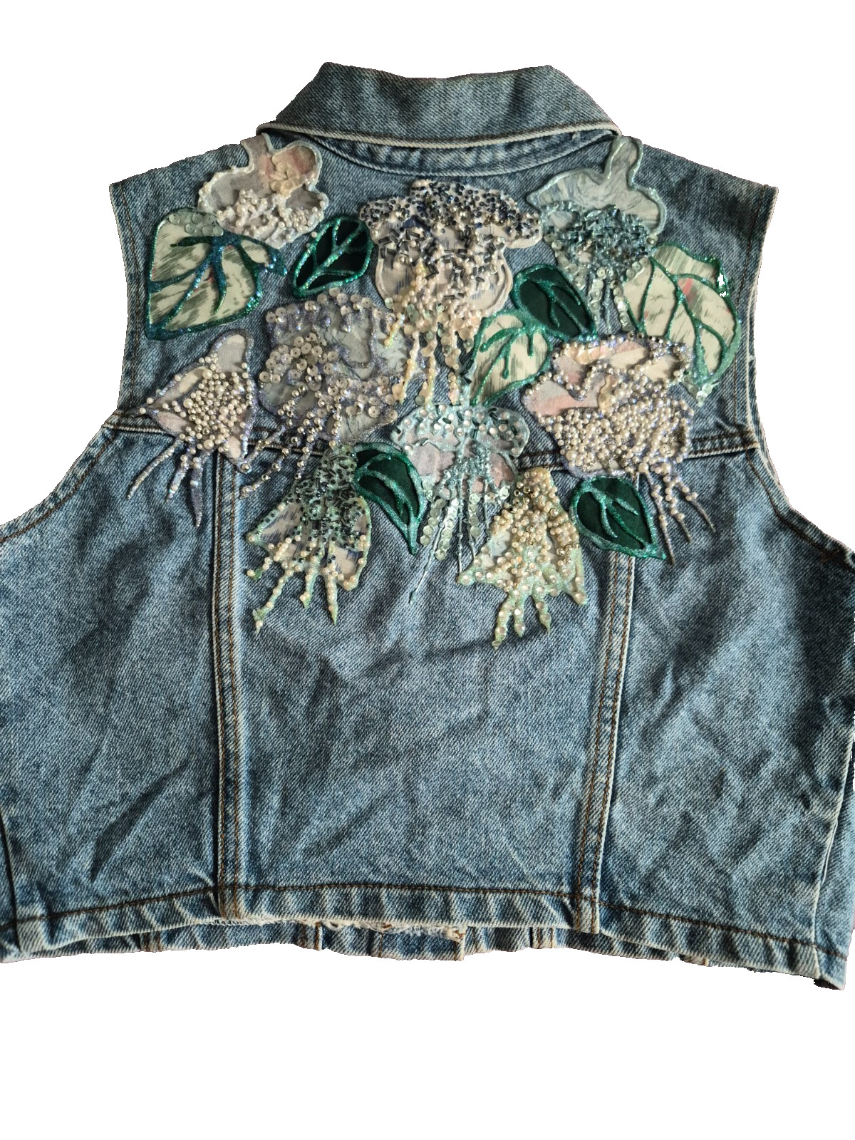 Embellished Denim Vintage 90s cropped fit vest with a light-to-medium wash
