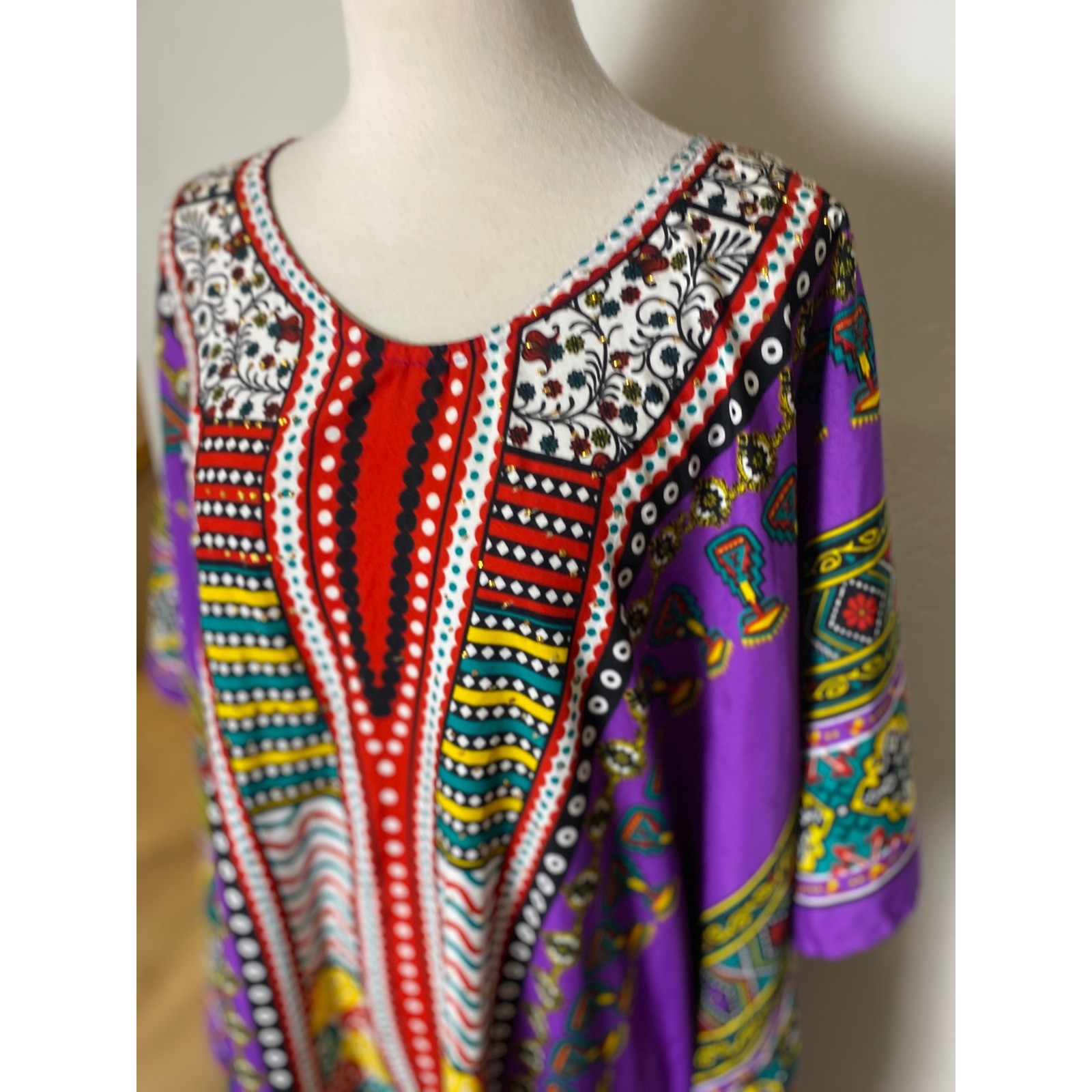 Vintage 90s Sante Classics Purple Dashiki Kaftan Dress One Size Bohemian Maxi