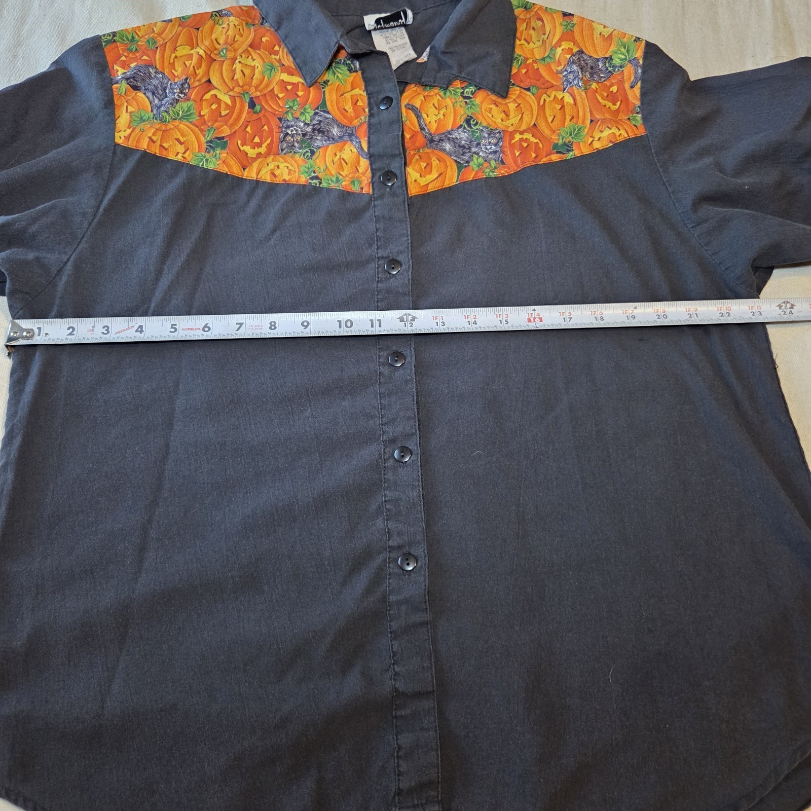 Vintage Black Cat Button Down Size Large Pumpkins Halloween Fall Whimsigoth Goth