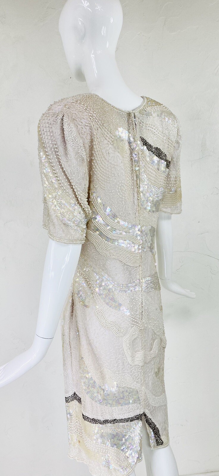 Vtg MODI Off White Champagne Silk Bead Sequin Evening Cocktail Wedding Dress, S