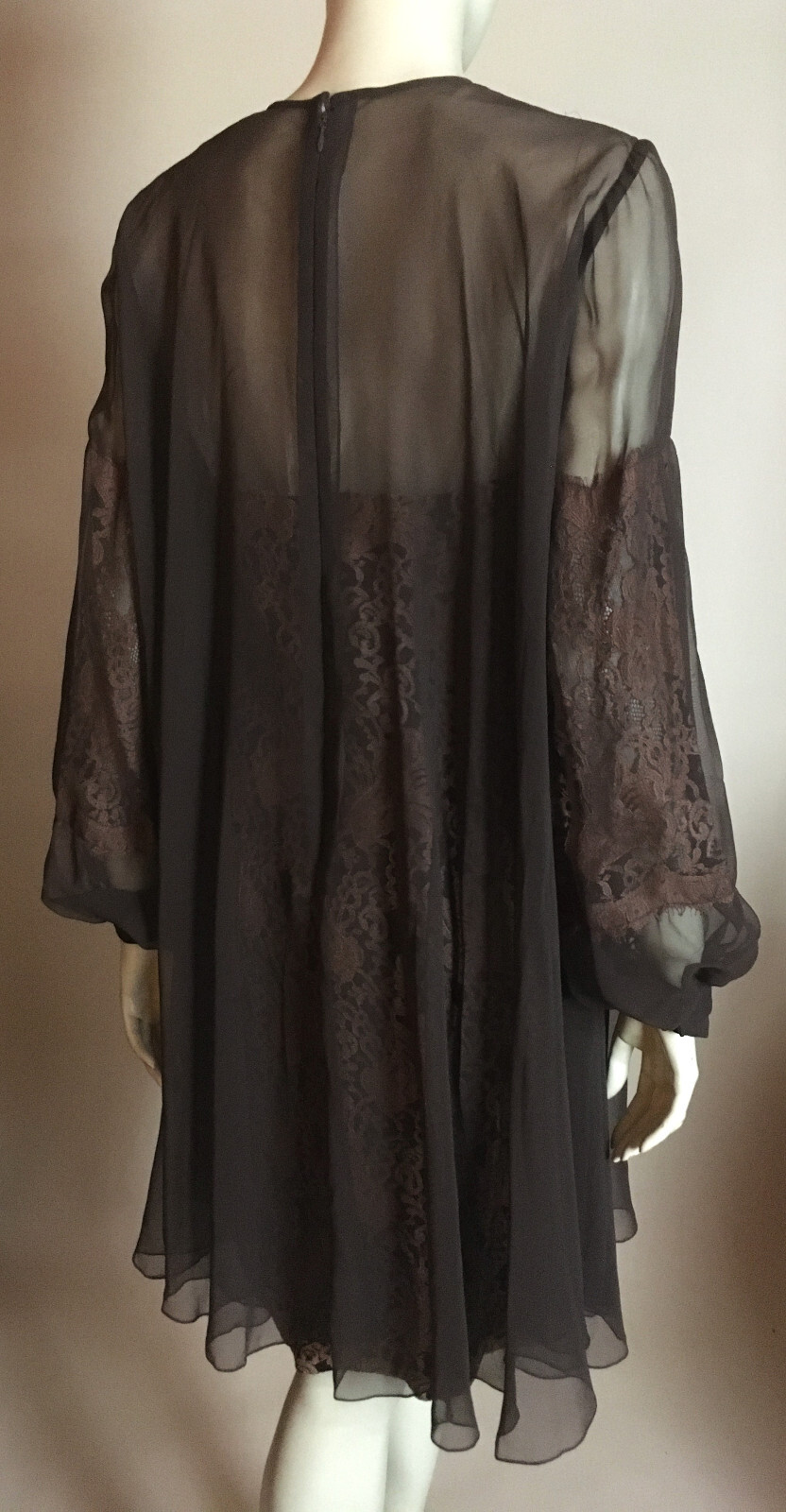 1980s Vintage Travilla YT Brown Sheer Draped Chiffon Gold Lace Cocktail Dress XS