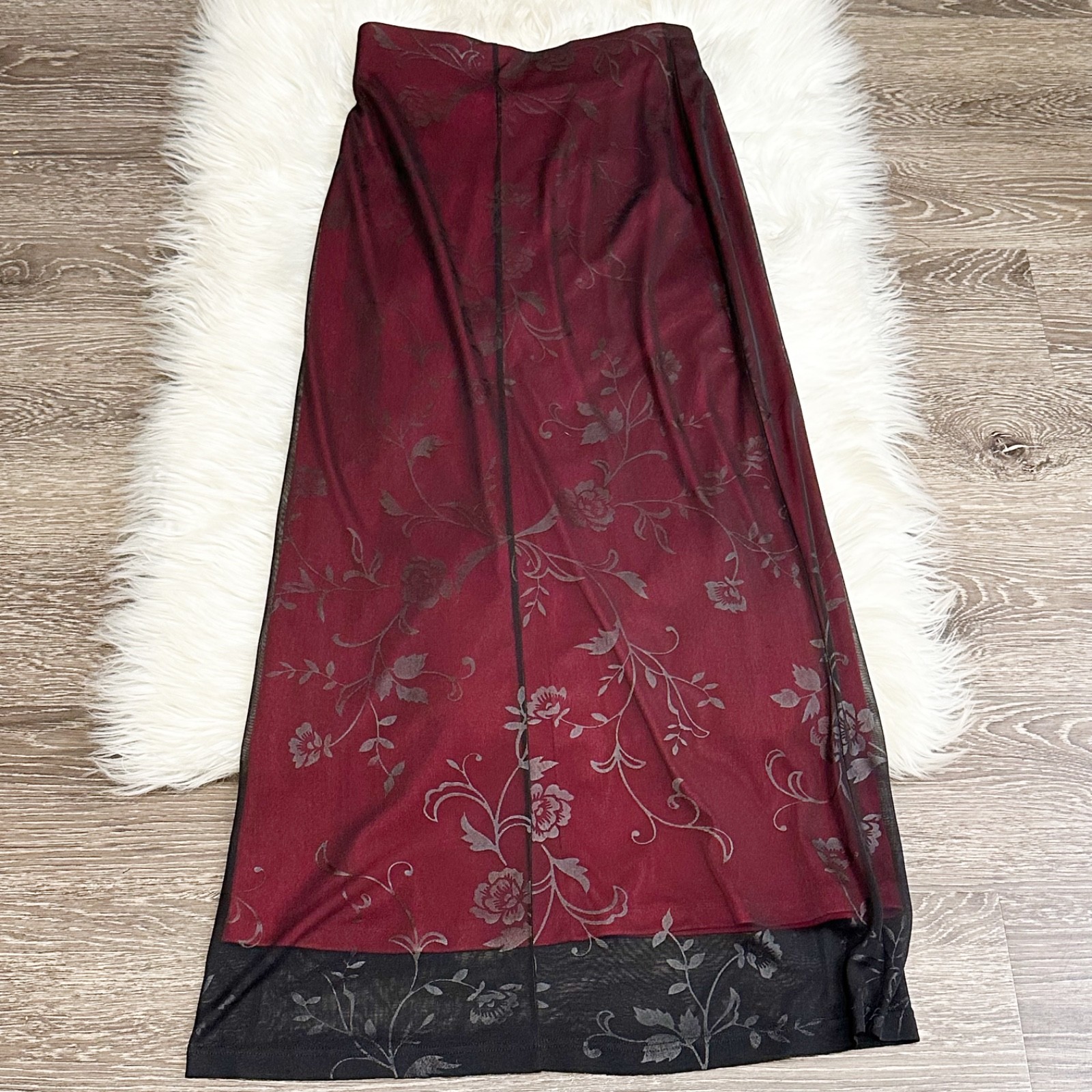 Vintage Womens Mesh Overlay 90s Maxi Skirt Floral Whimsigoth Fairy Grunge