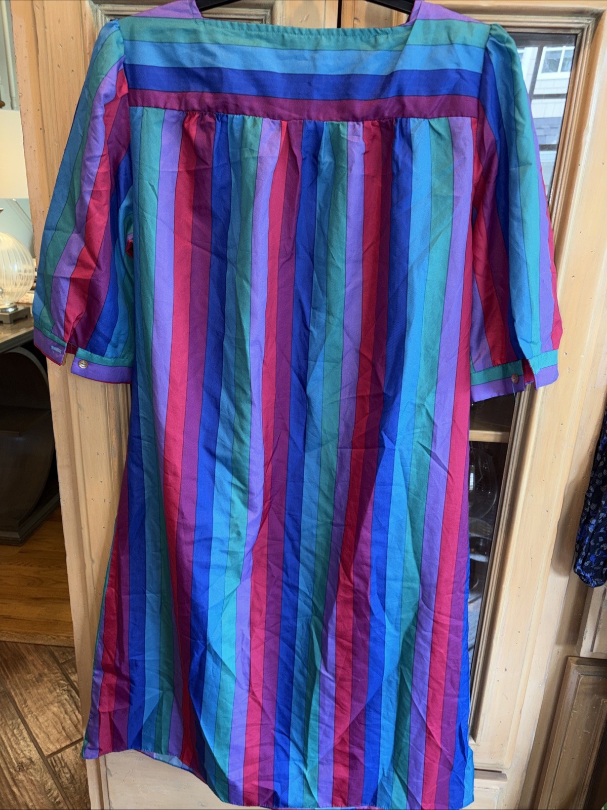 Vtg Xl 70s 80s Red Purple Blue Stripe Silky Secretary MuuMuu Style Dress ch46L44