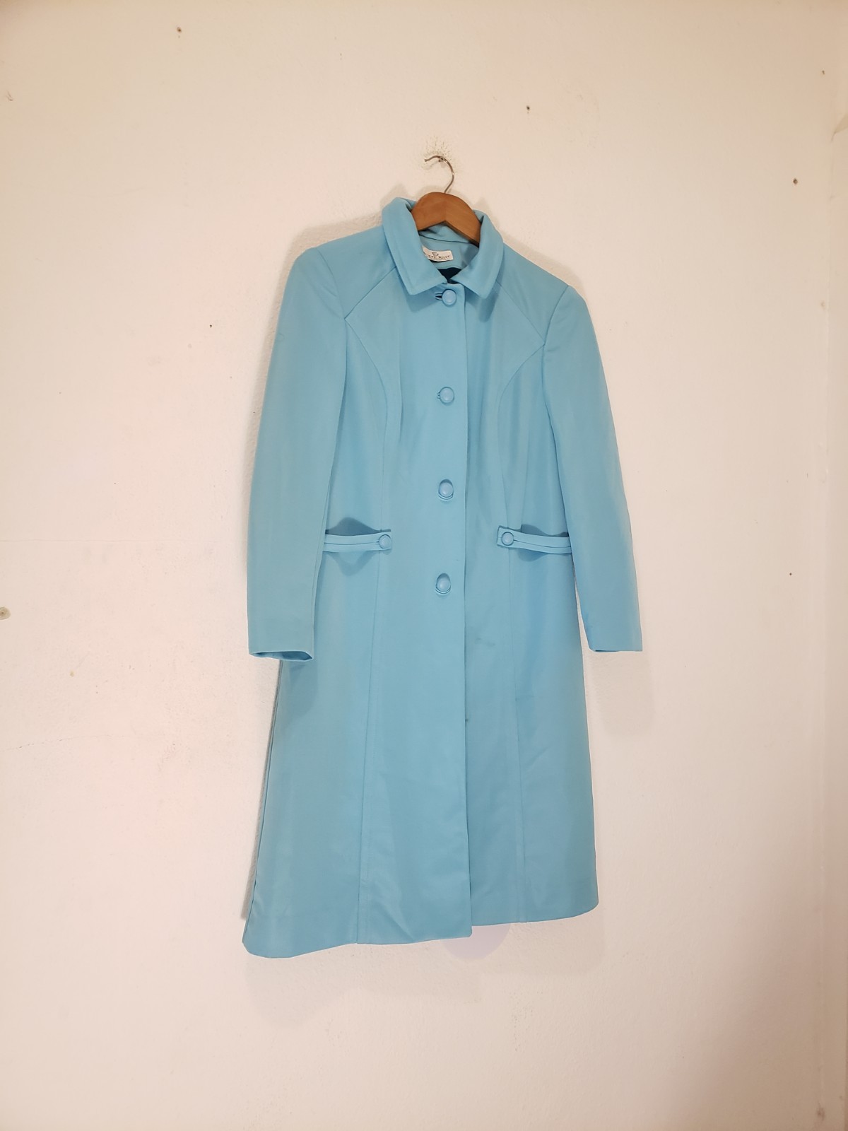 Vtg 60s Butte Knit Sz M Sky Blue Knit Mod Overcoat Jacket As Is Dacron Collared