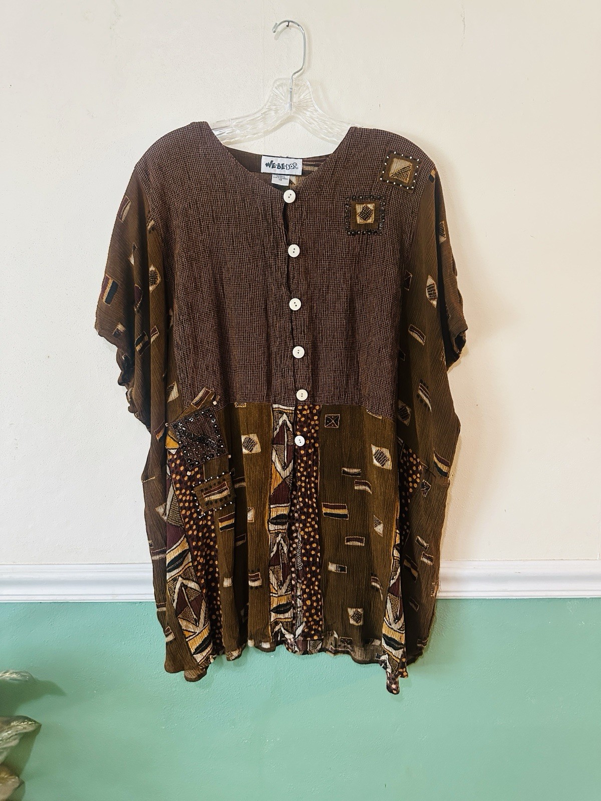 Vtg 1990s WeBeBop Rayon Safari Style Geometric Blouse Shirt Size 1X