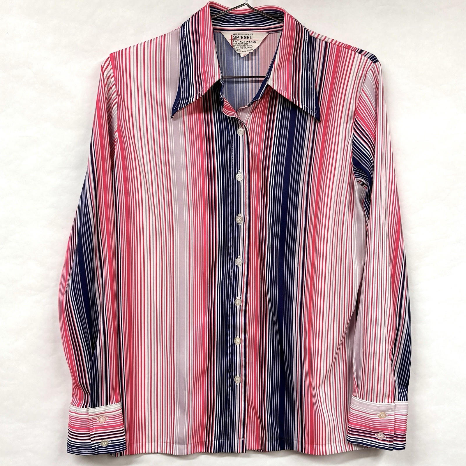 Vintage 70s Barcode Stripe Polyester Button Up Blouse Red Blue Spiegel M / L