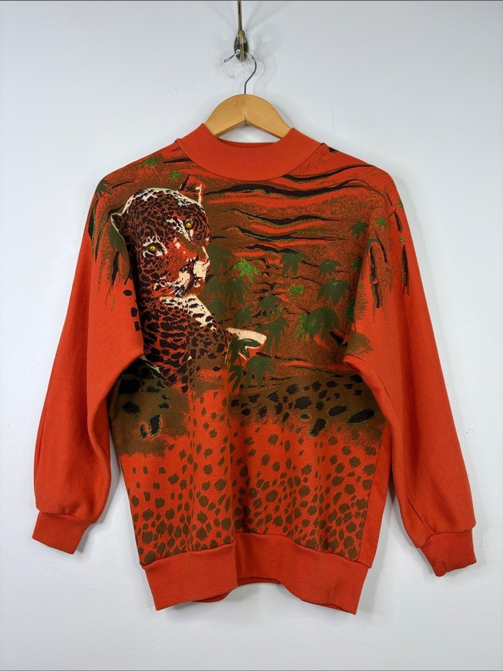 Vintage Sweatshirt Womens Small Orange Tiger Print Green Glitter 80s Loose Fit