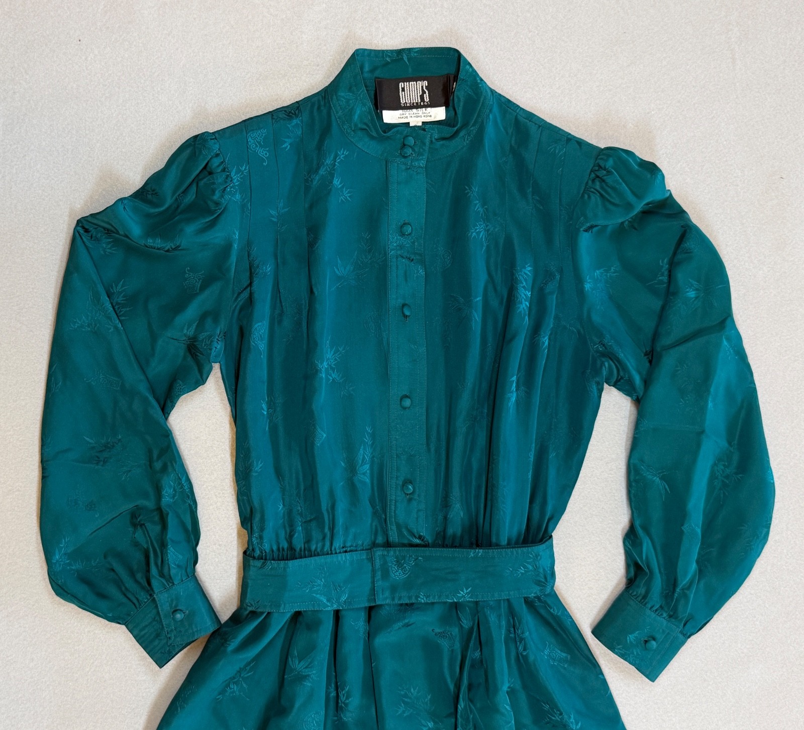 Vintage 80’s Gump’s San Francisco Dress, 100% silk, Jade Green, Asian Theme Sz 8