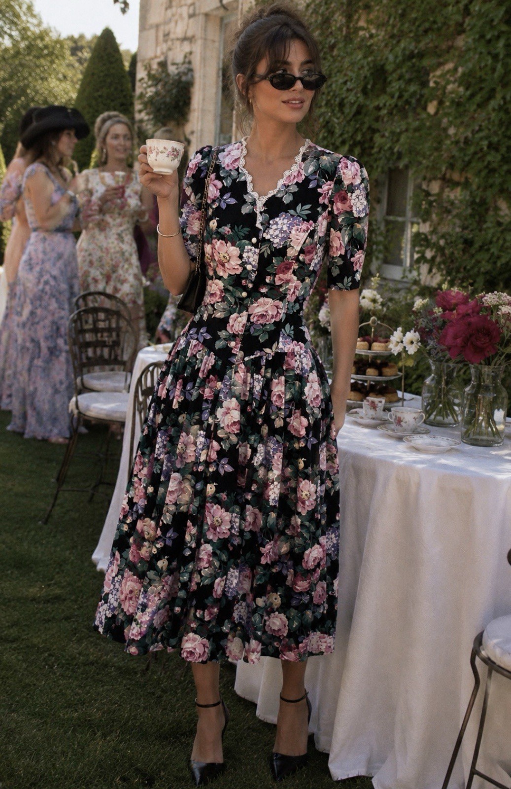 90s Vtg Dark Floral Puff Sleeve Midi Dress Sz 9/10 Granny Cottagecore Garden