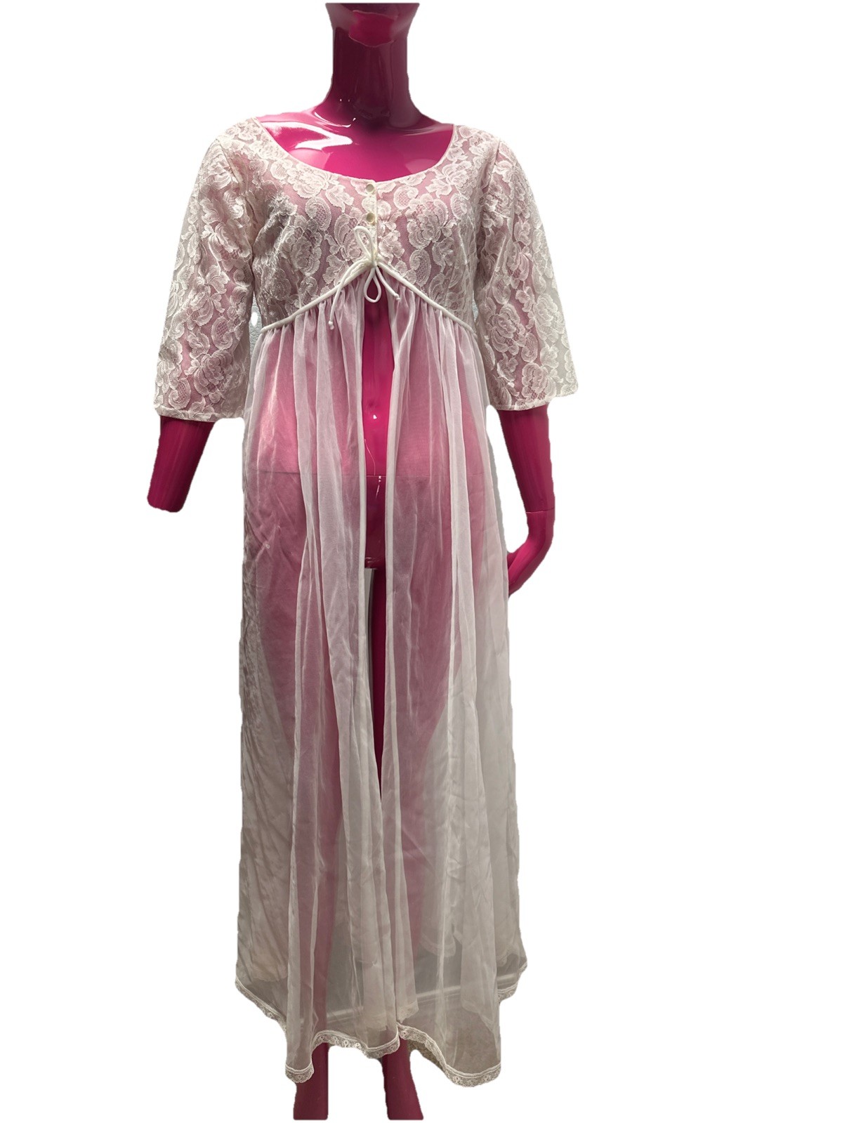 Lisette Lace Peignoir White Nightgown Lingerie Sheer 100% Nylon USA 2 Piece VTG