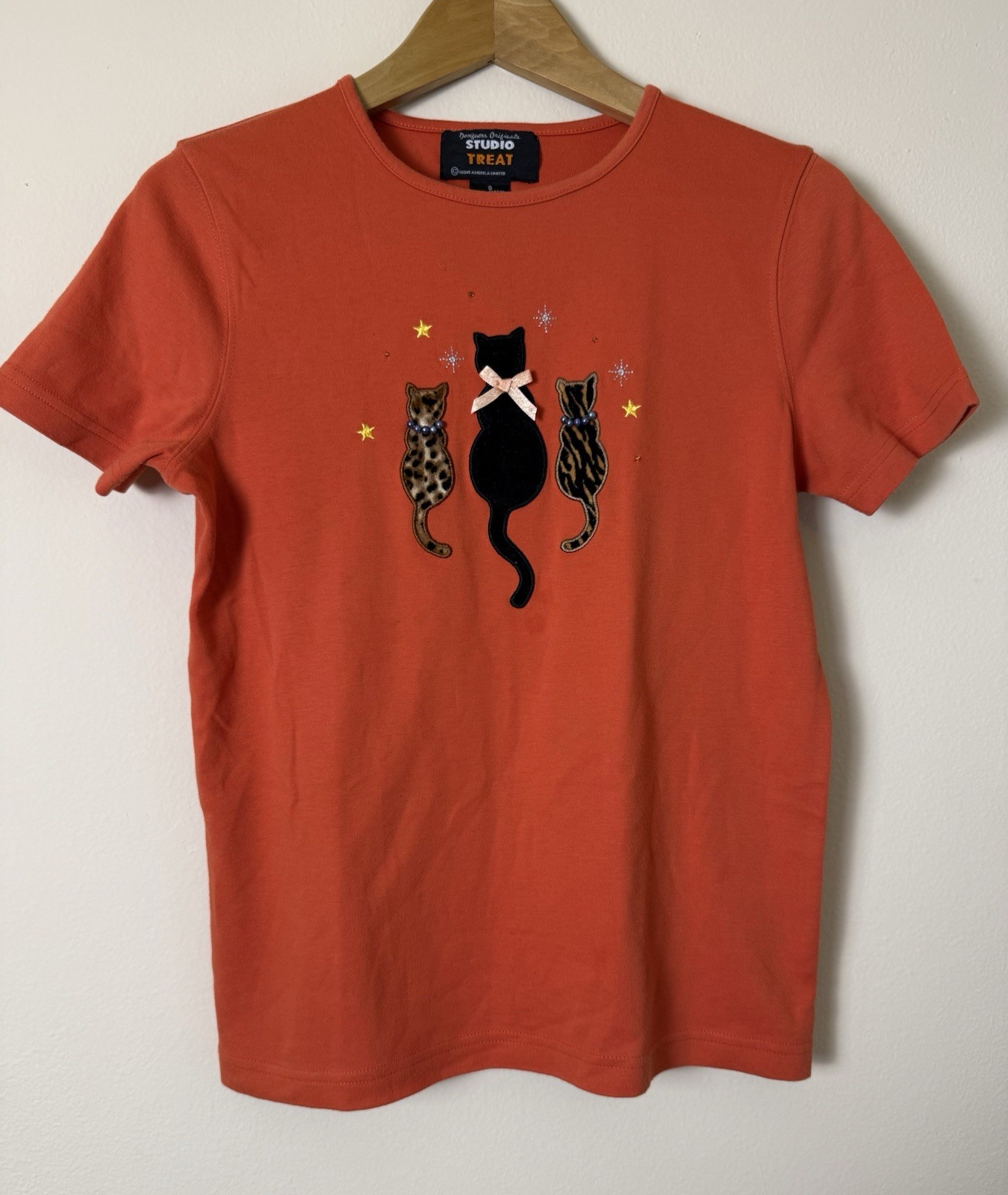 VTG 90s Y2K Halloween Black Cat T-Shirt Embroidered Velvet Appliqué Beaded Small
