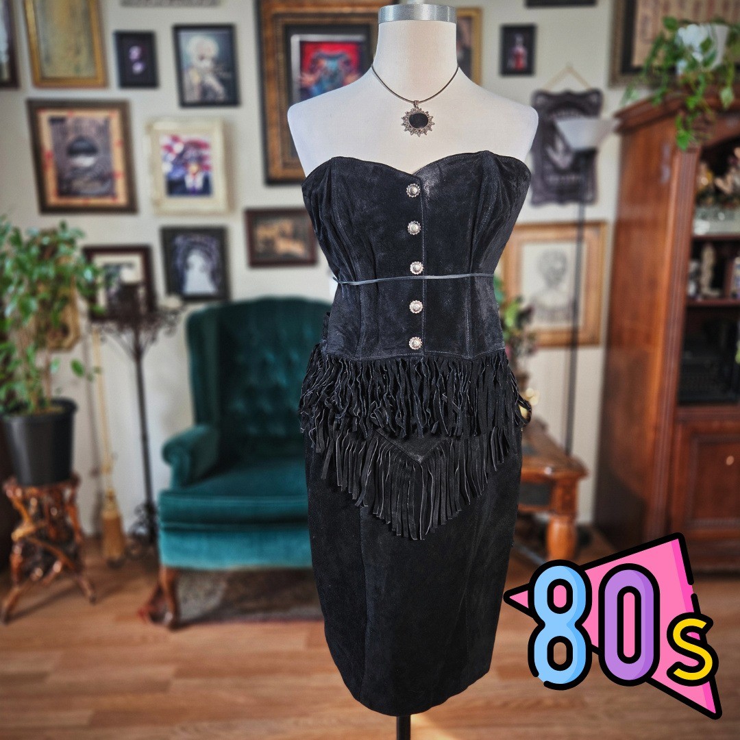 Vintage 80s Chia Black Suede Fringe Skirt Set Western Corset Top Two Piece XS S