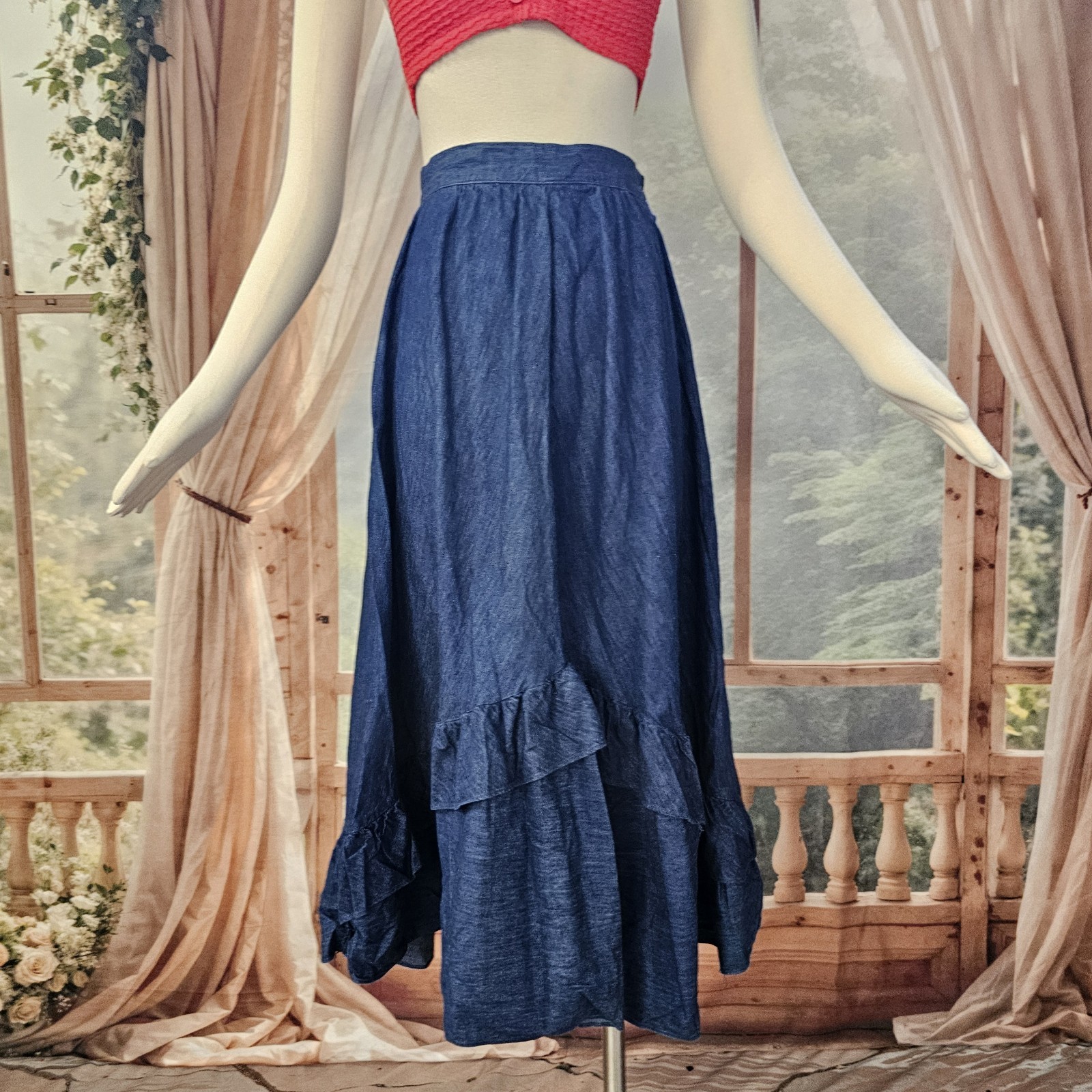 Vintage 1970s Skirt Denim Blue Jean Ruffle Flowy Midi Length Retro Chequers