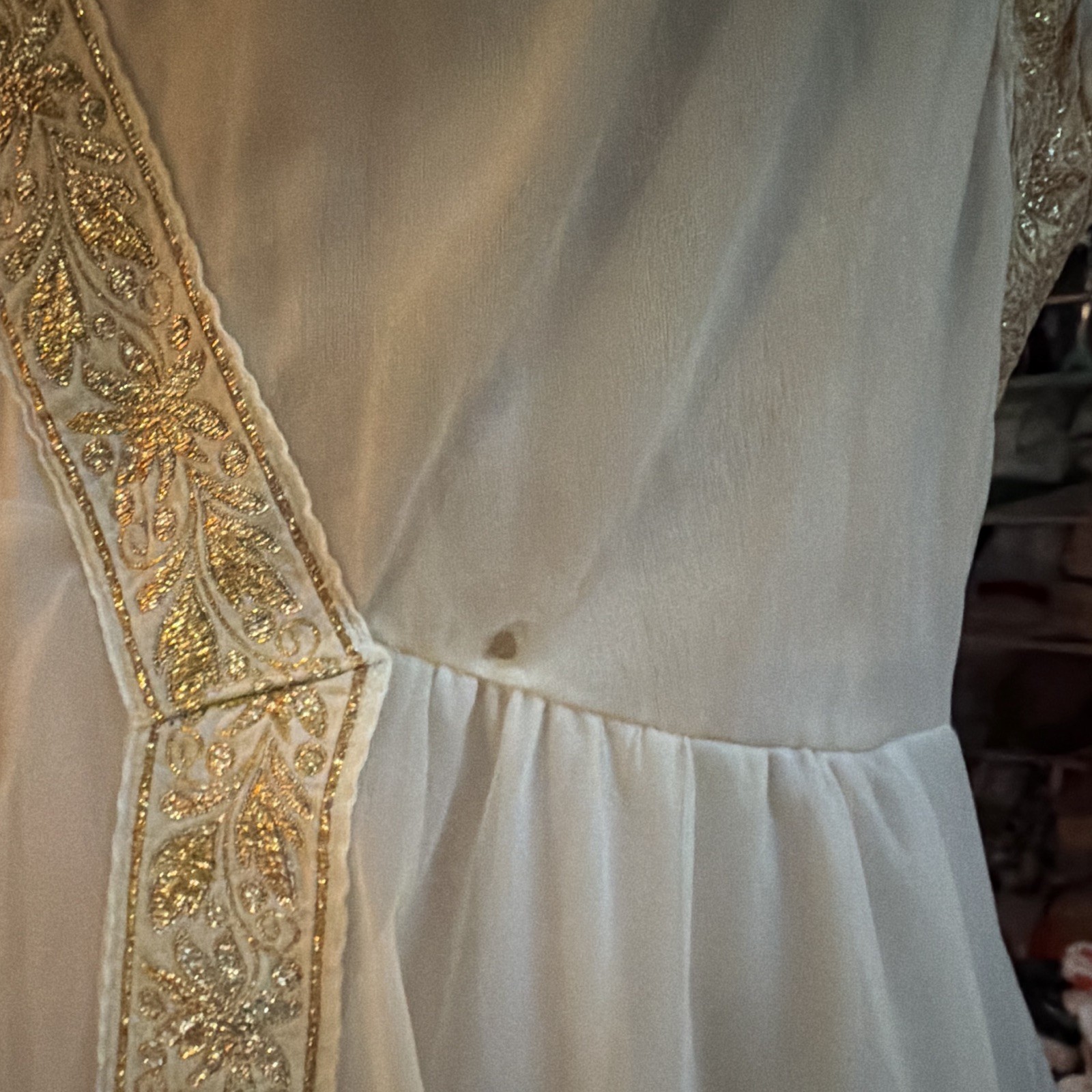 Vintage 1950’s Vanity Fair Gold Tag Chiffon Nightgown Dress Gold Embroidered 3
